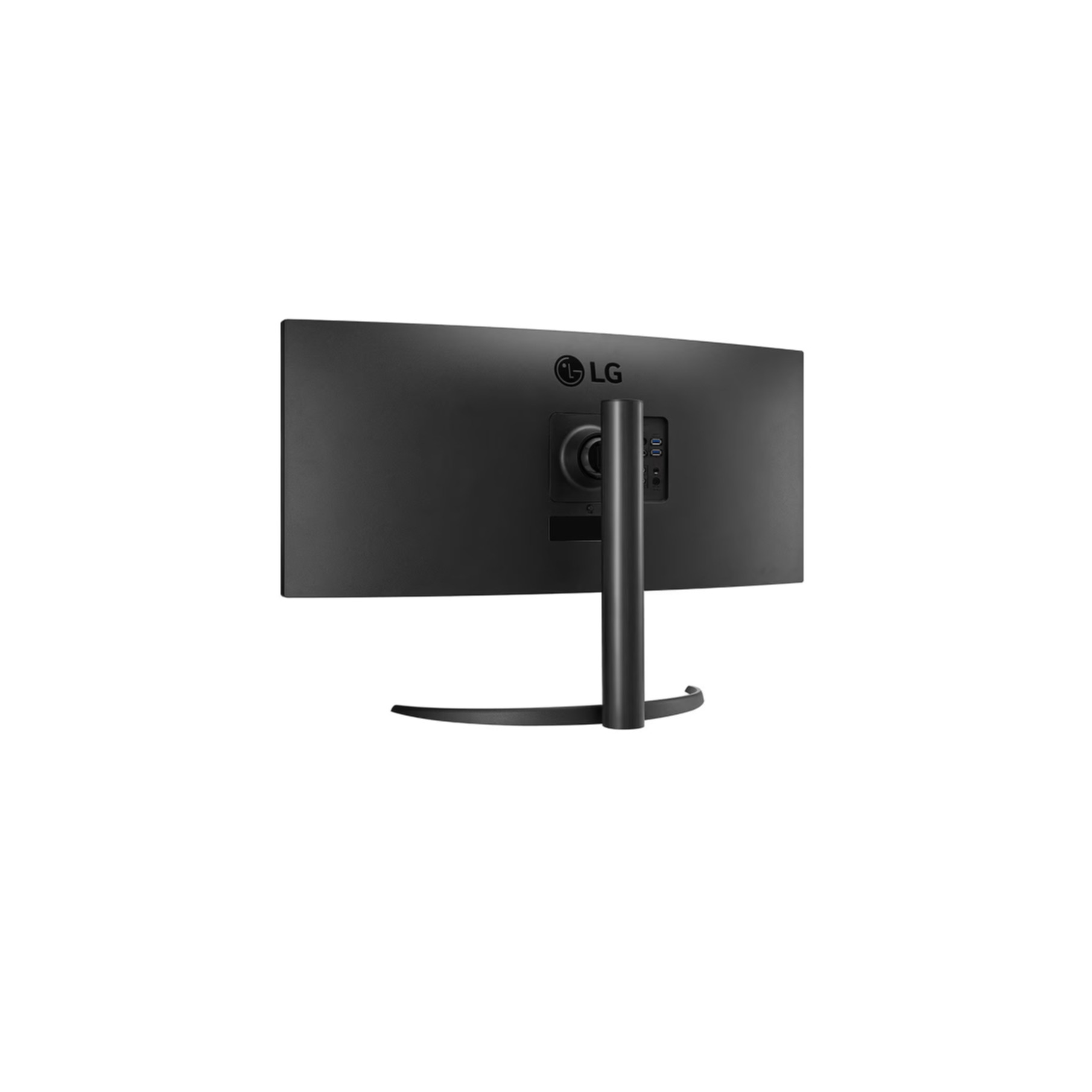 Ein schwarzer, gewölbter LG-Monitor, der die Rückseite zeigt.