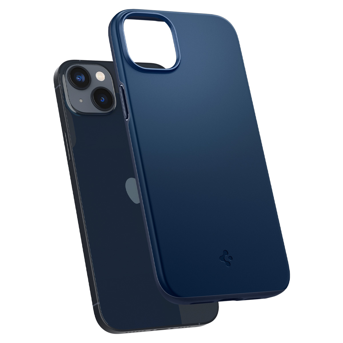 Custodia blu con telefono all'interno. Il telefono è nero con due fotocamere.