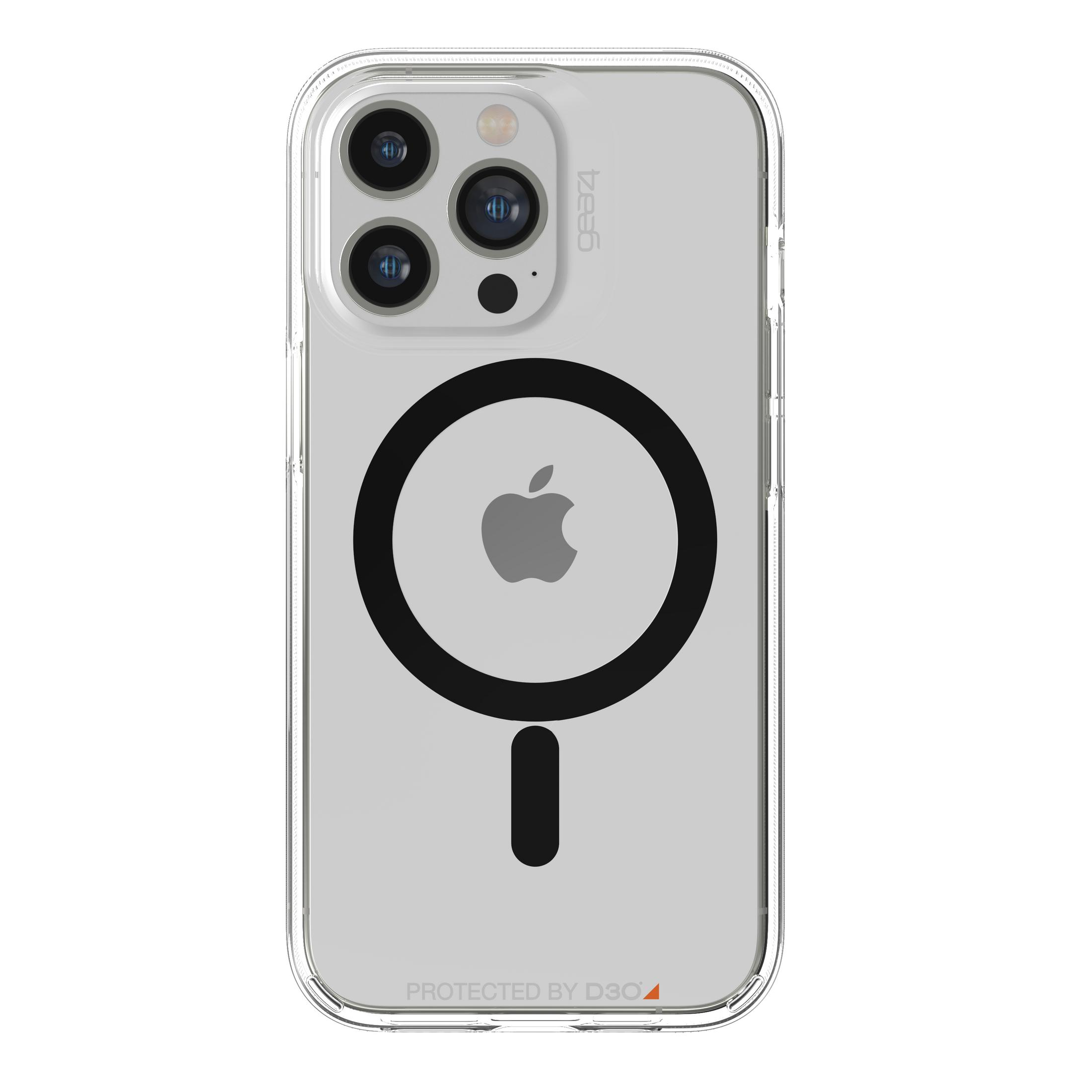 iPhone-Hülle mit durchsichtigem Rücken, schwarzem Apple-Logo und der Marke 'geaz' in der oberen linken Ecke.