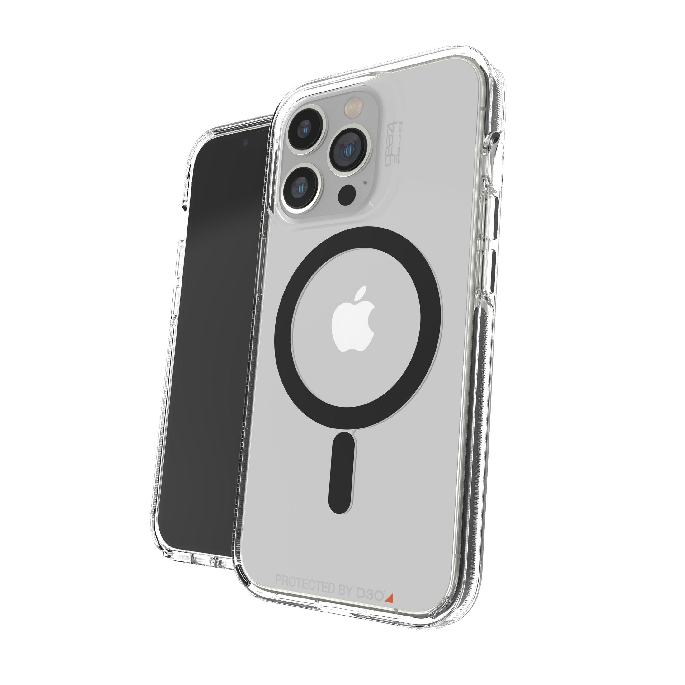 Eine transparente Handyhülle mit schwarzem Ring und weißem Apple-Logo.