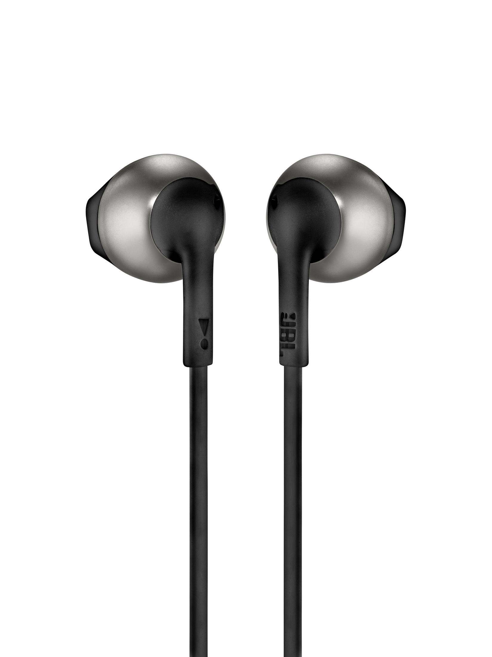 Un par de auriculares negros y plateados sobre fondo blanco. Se ve la marca 'JBL'.