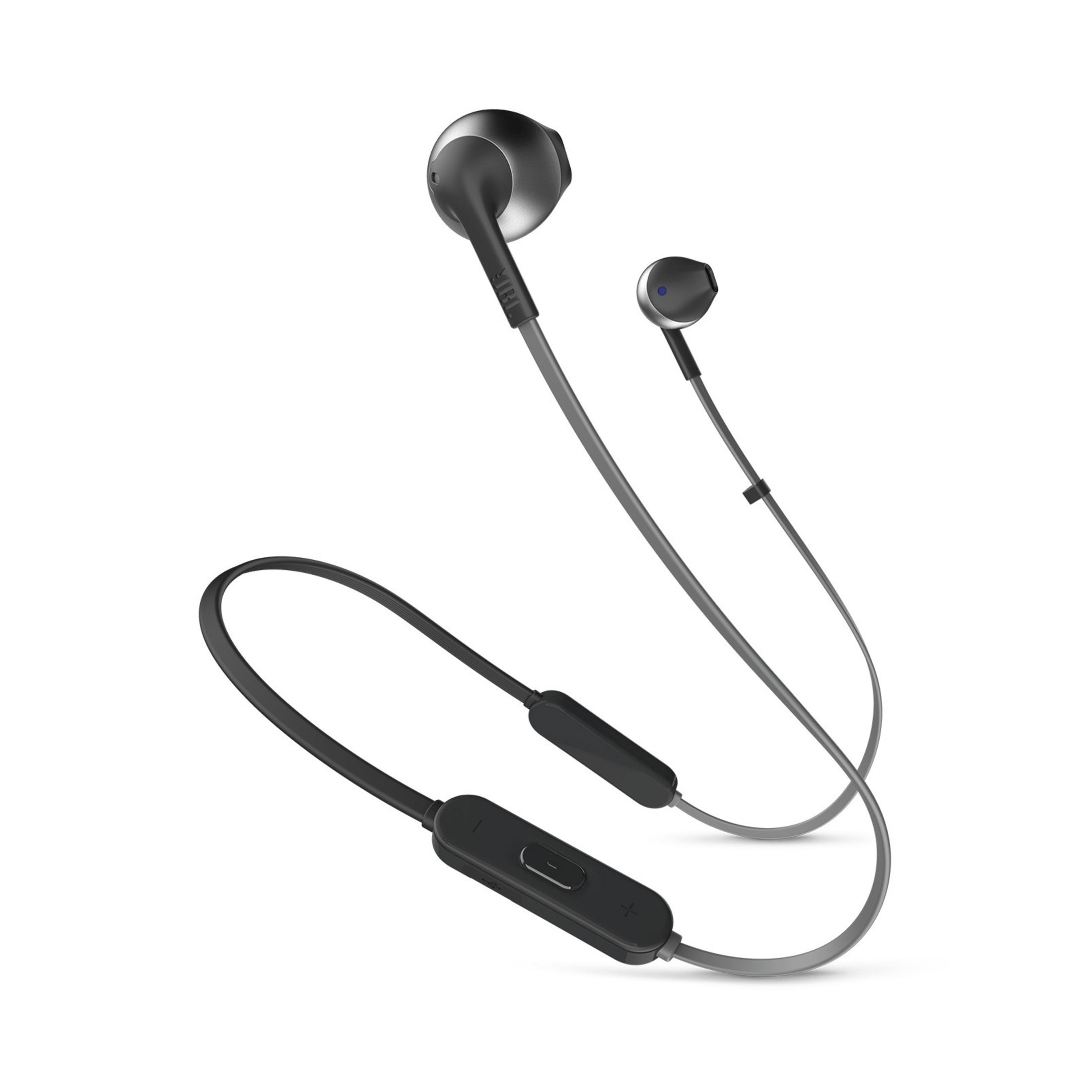 Auriculares inalámbricos negros y grises con un cable de conexión y un mando a distancia.
