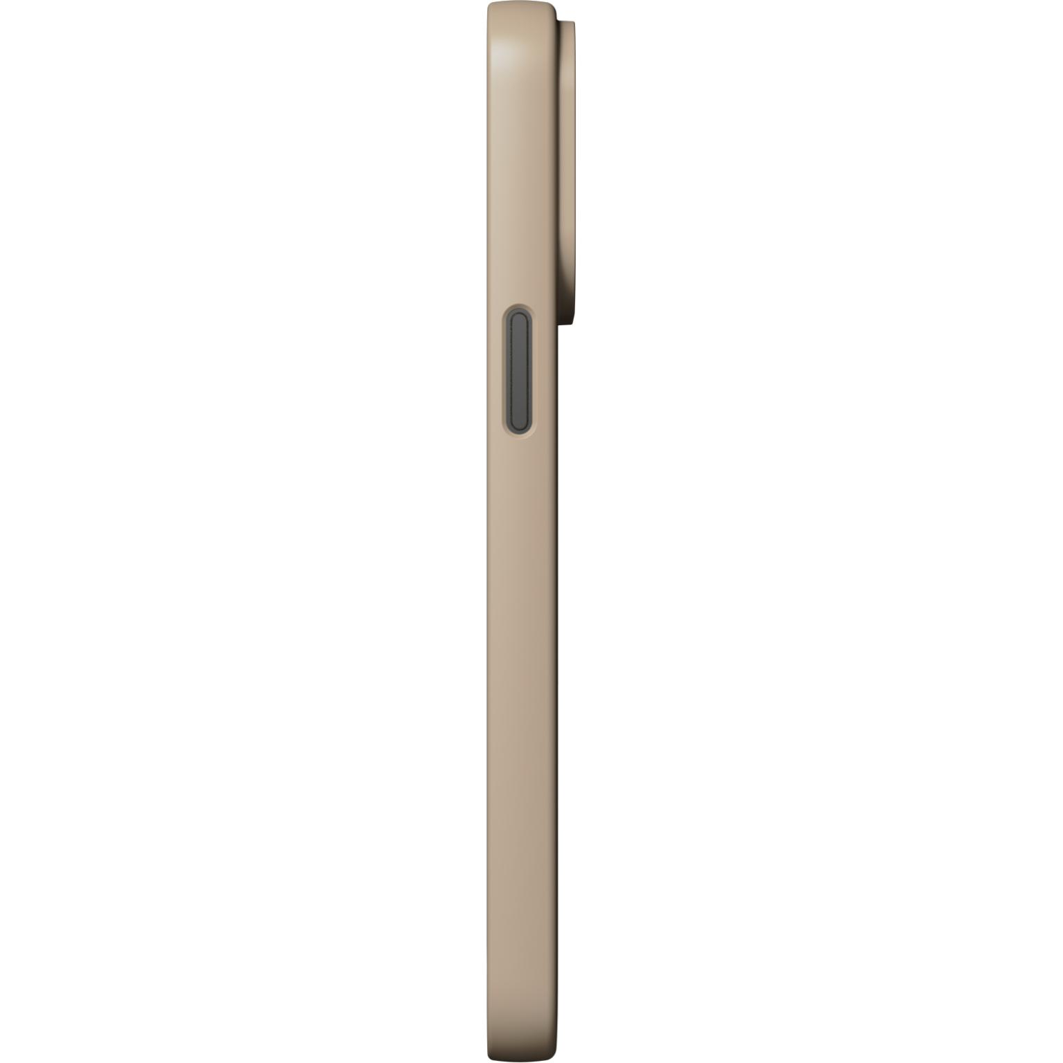 Coque de téléphone beige avec boutons visibles. Vue latérale.