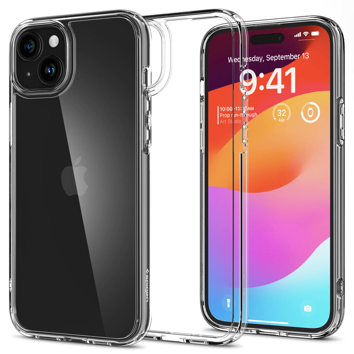 Transparante telefoonhoes op telefoon met startscherm. Datum, tijd en batterij zichtbaar.