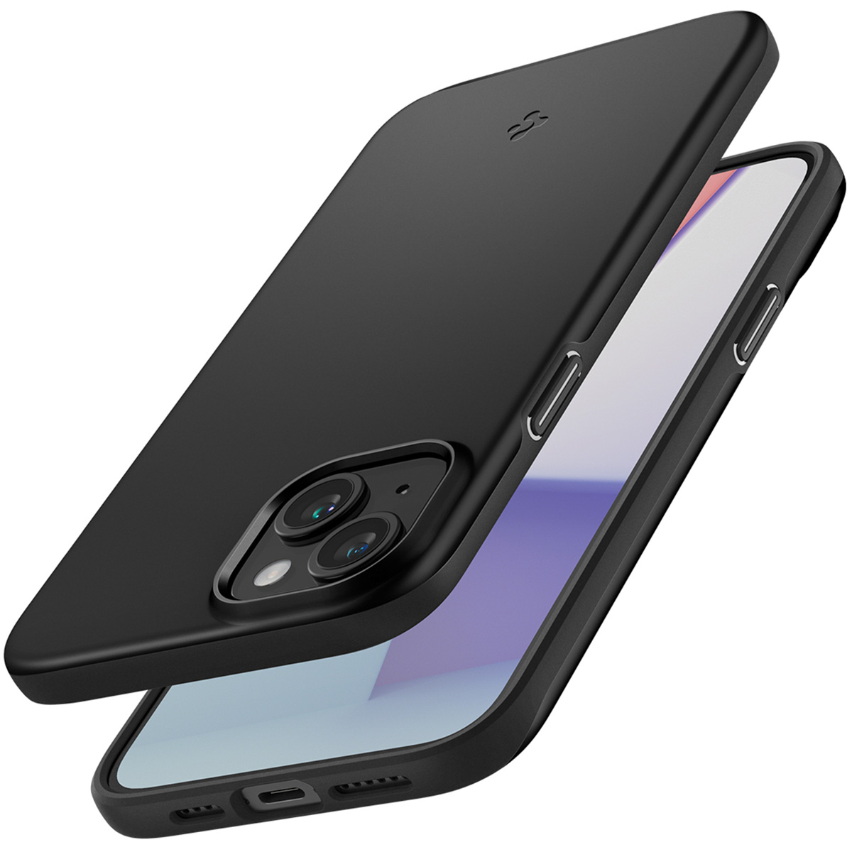 Black phone case with a phone. The phone is slightly angled, showing the screen.