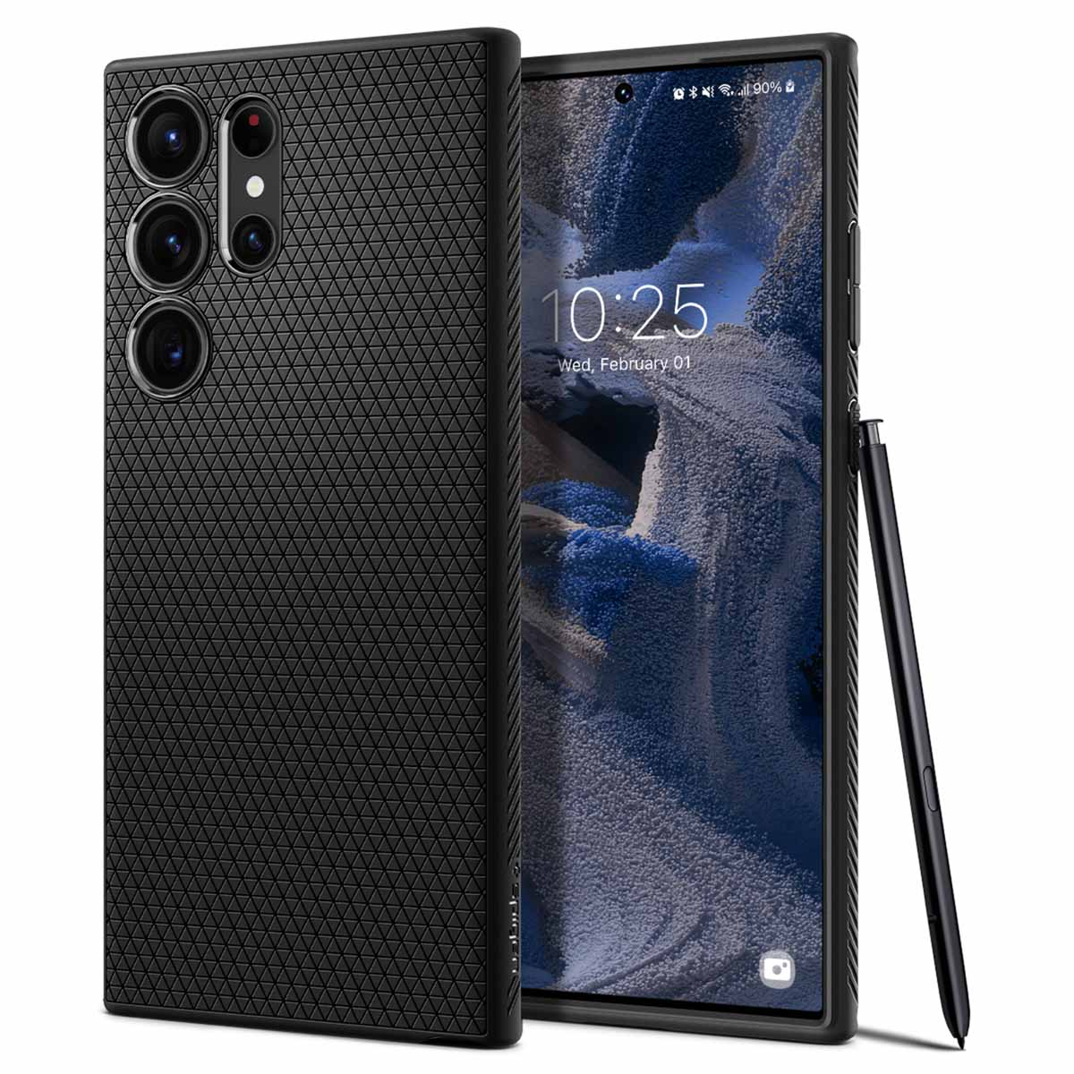 Zwarte telefoonhoes met drie camera's. Een telefoonscherm toont tijd en meldingen.