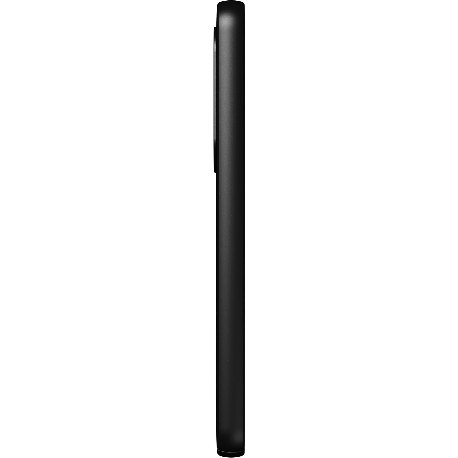 Zwarte telefoon van de zijkant gezien, met een camerabult.