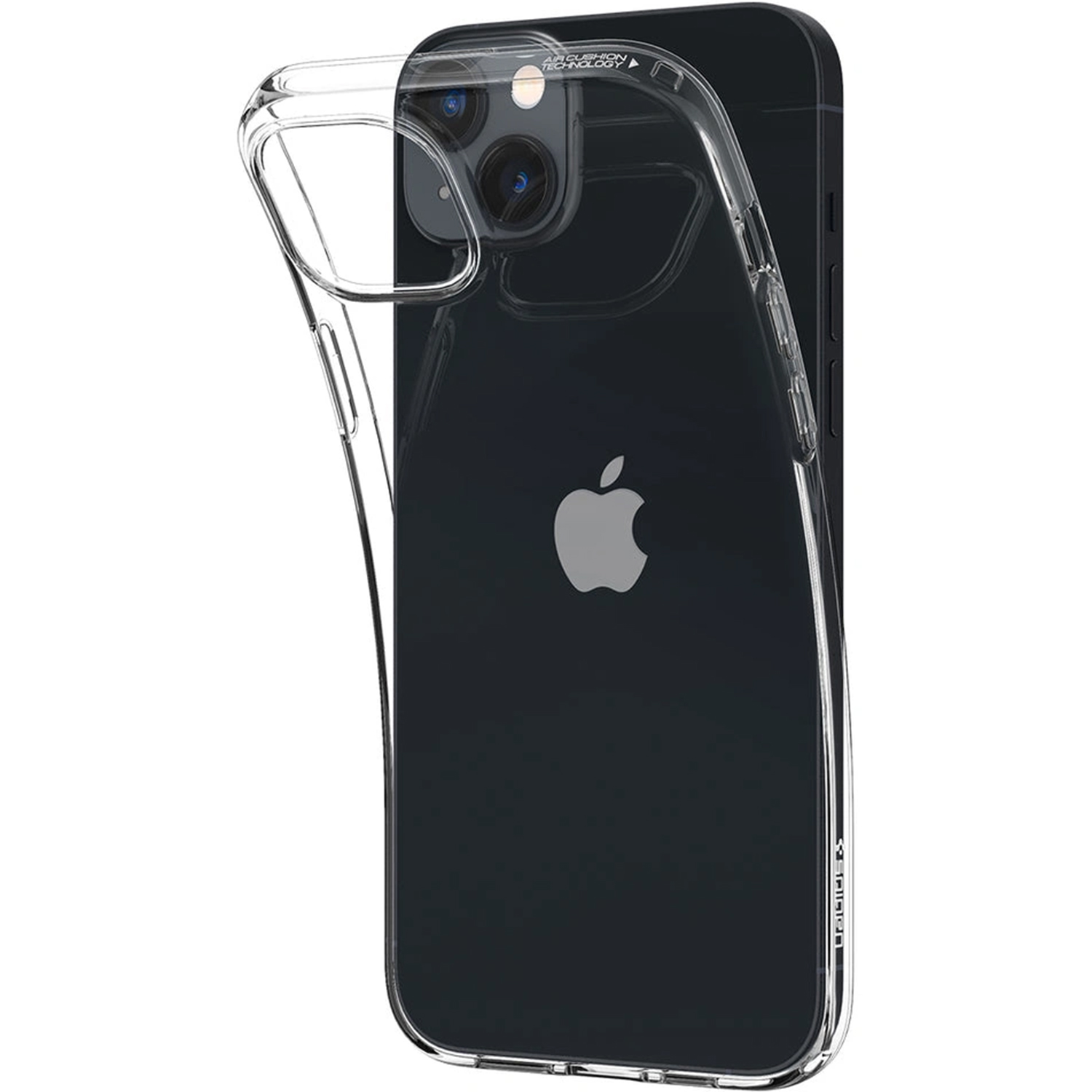Przezroczyste etui na telefon z czarnym telefonem w środku. Aparat telefonu jest widoczny. Etui ma wycięcie.