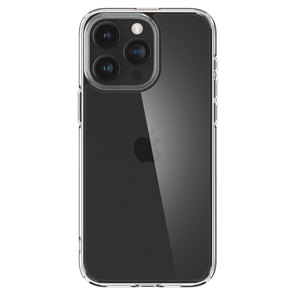 Una custodia trasparente su un telefono nero. Il logo Apple è visibile. Il telefono ha 3 fotocamere.