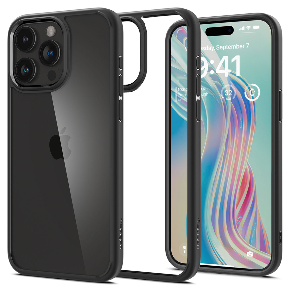 Coque de téléphone noire avec dos transparent et un téléphone. L'écran du téléphone est visible.