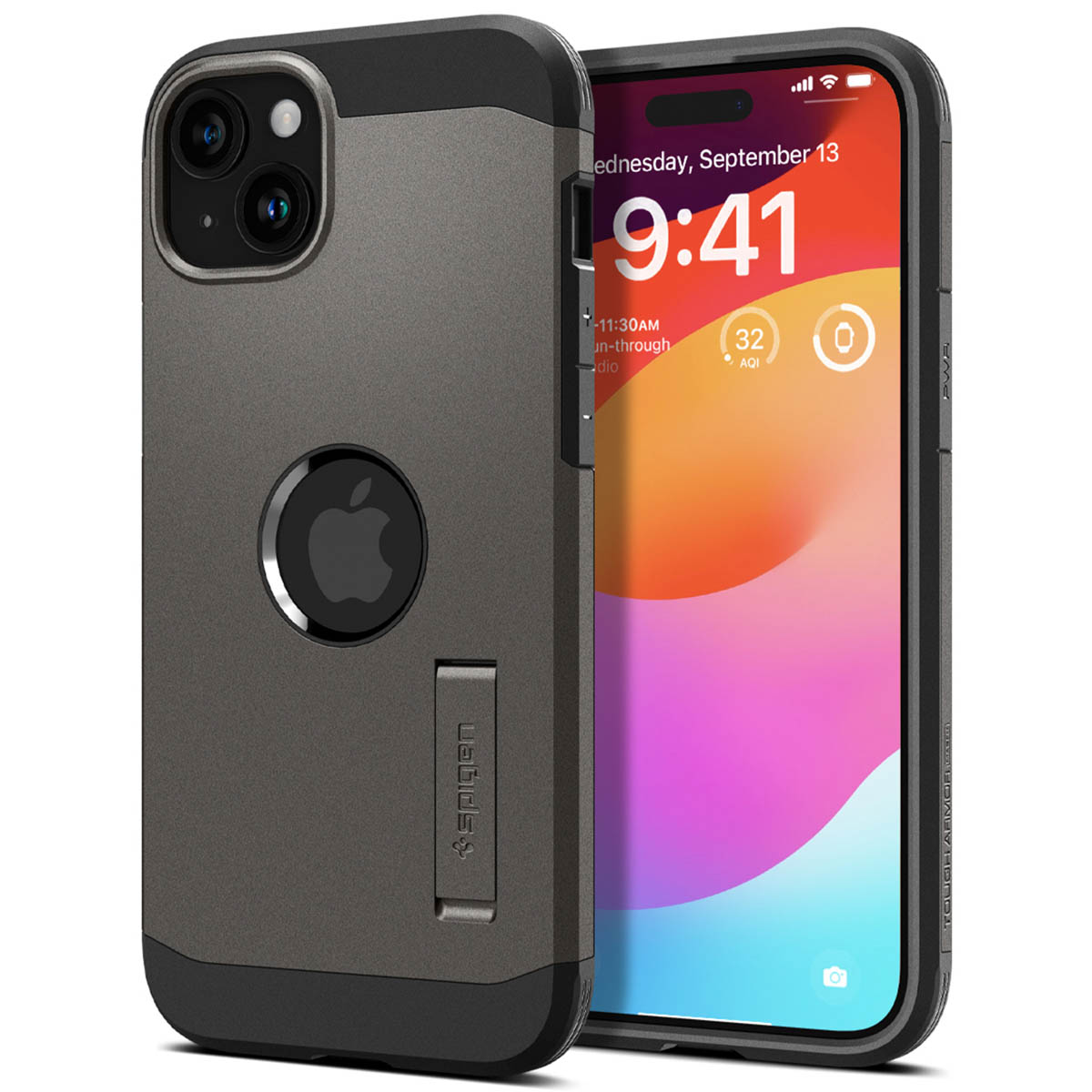 Gray and black phone case with Apple logo and a phone showing the time and date.