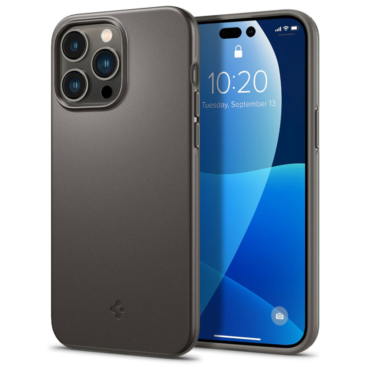 Grijze telefoonhoes met een telefoon. Telefoon heeft drie camera's en een scherm. Hoesje staat vooraan.