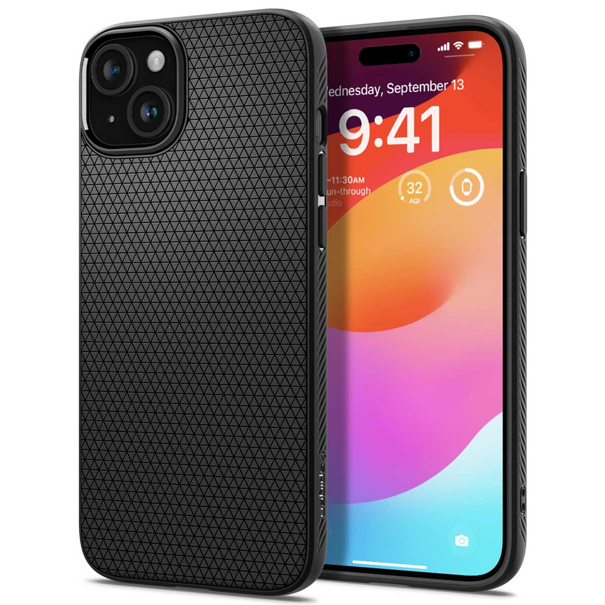 Black phone case with a textured pattern. The phone screen is visible, and the case is on phone.