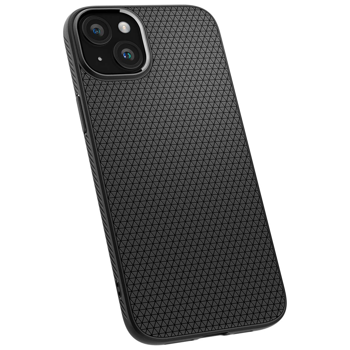 Black phone case with a geometric pattern. The phone is inside the case.