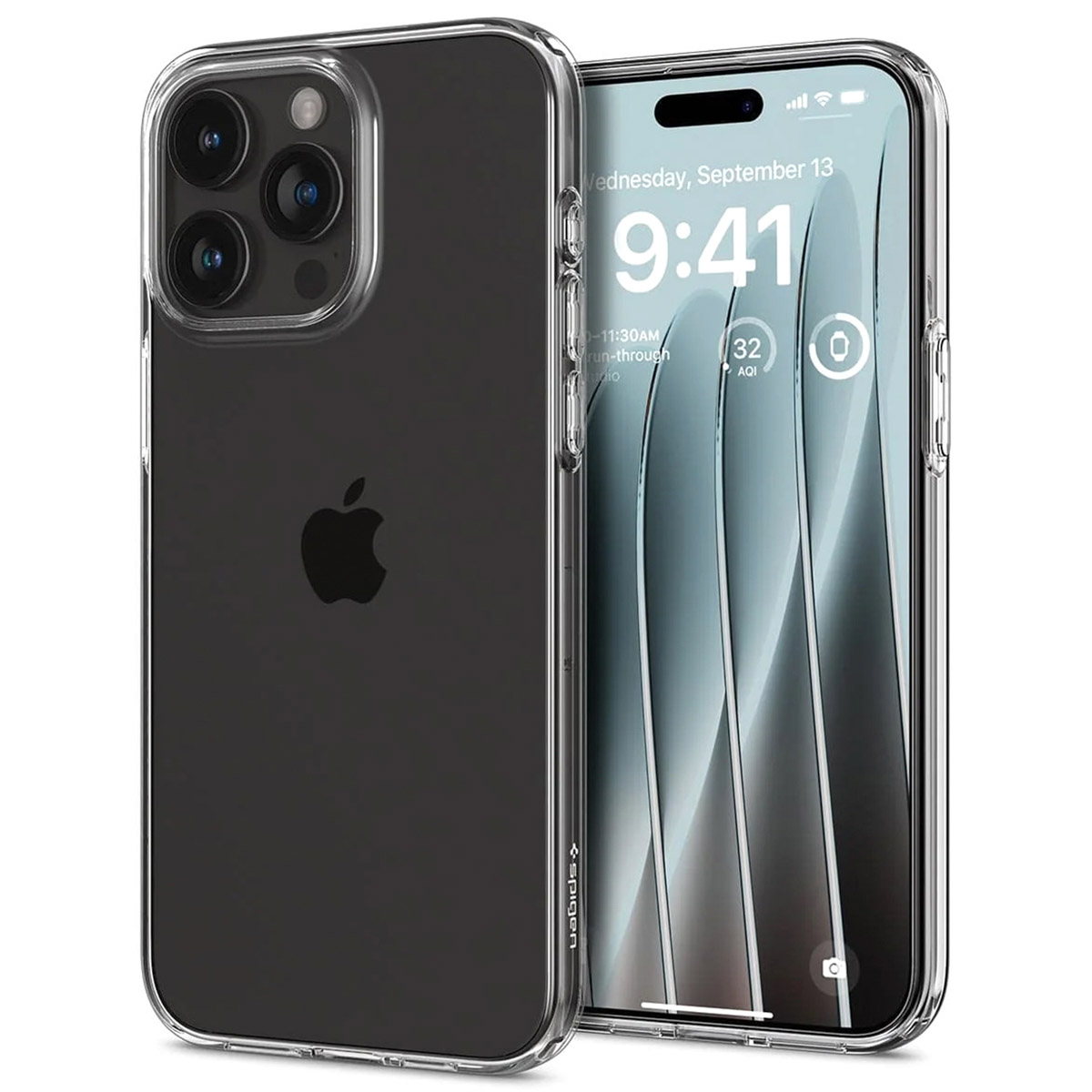 Coque de téléphone transparente avec un téléphone noir à l'intérieur. L'étui est posé sur une surface blanche. La date est visible.