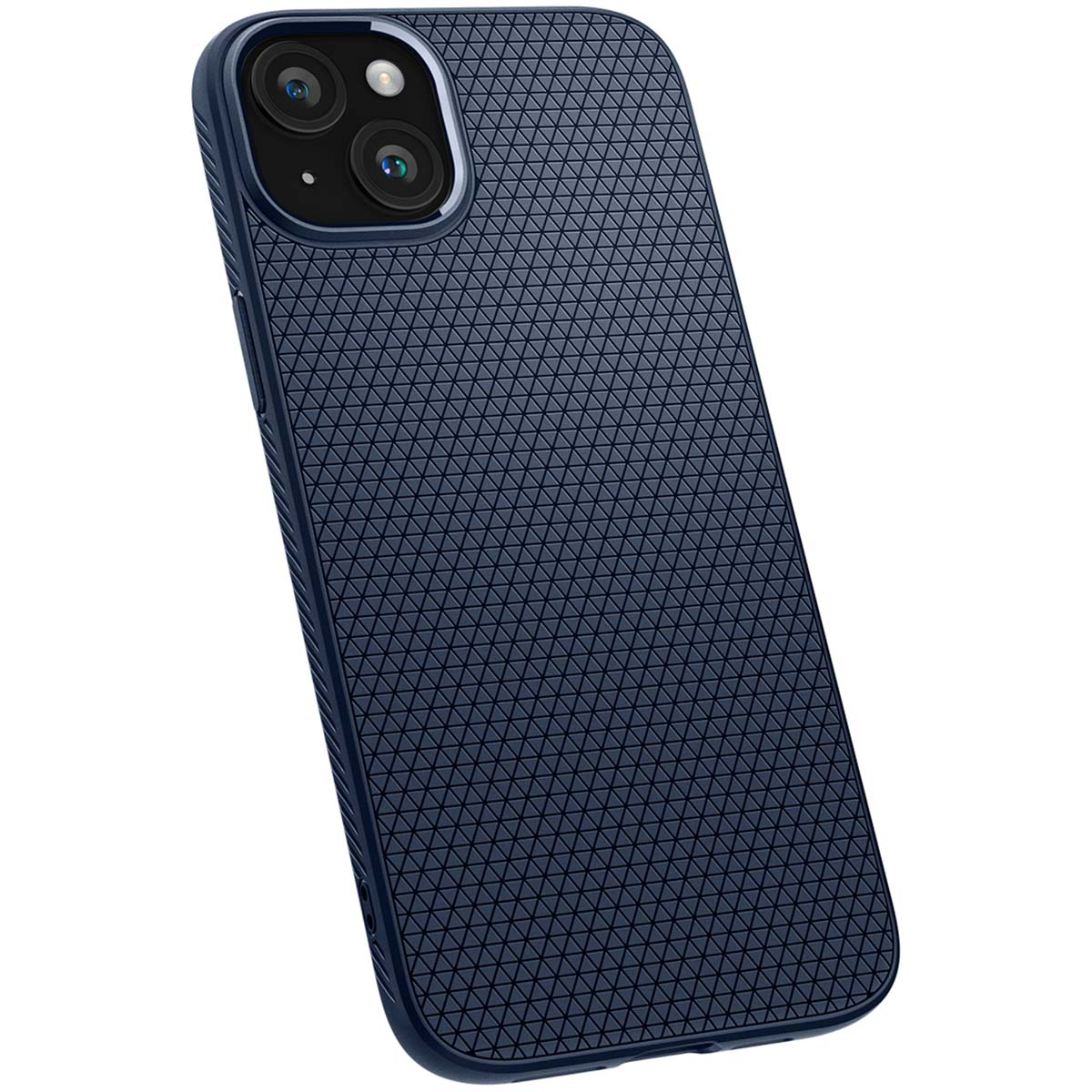 Dark blue phone case with a geometric pattern, angled on a white background.