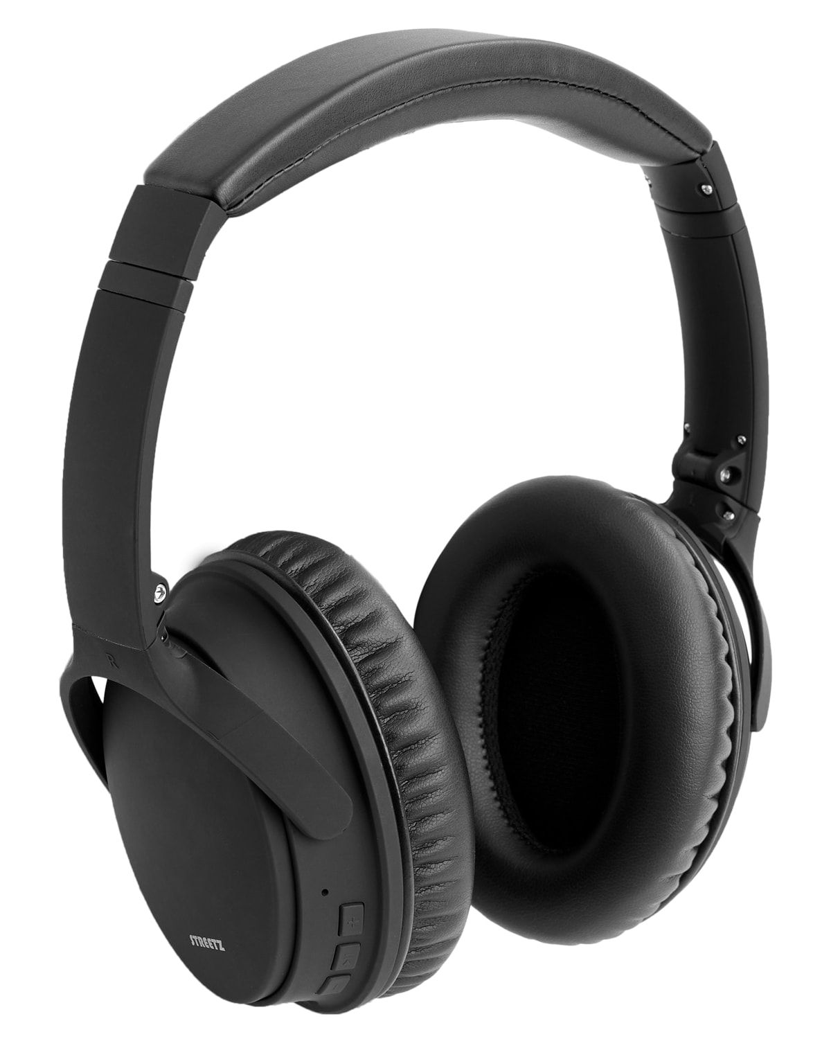 Schwarze Over-Ear-Kopfhörer auf weißem Hintergrund. Die Kopfhörer sind schlank und modern.