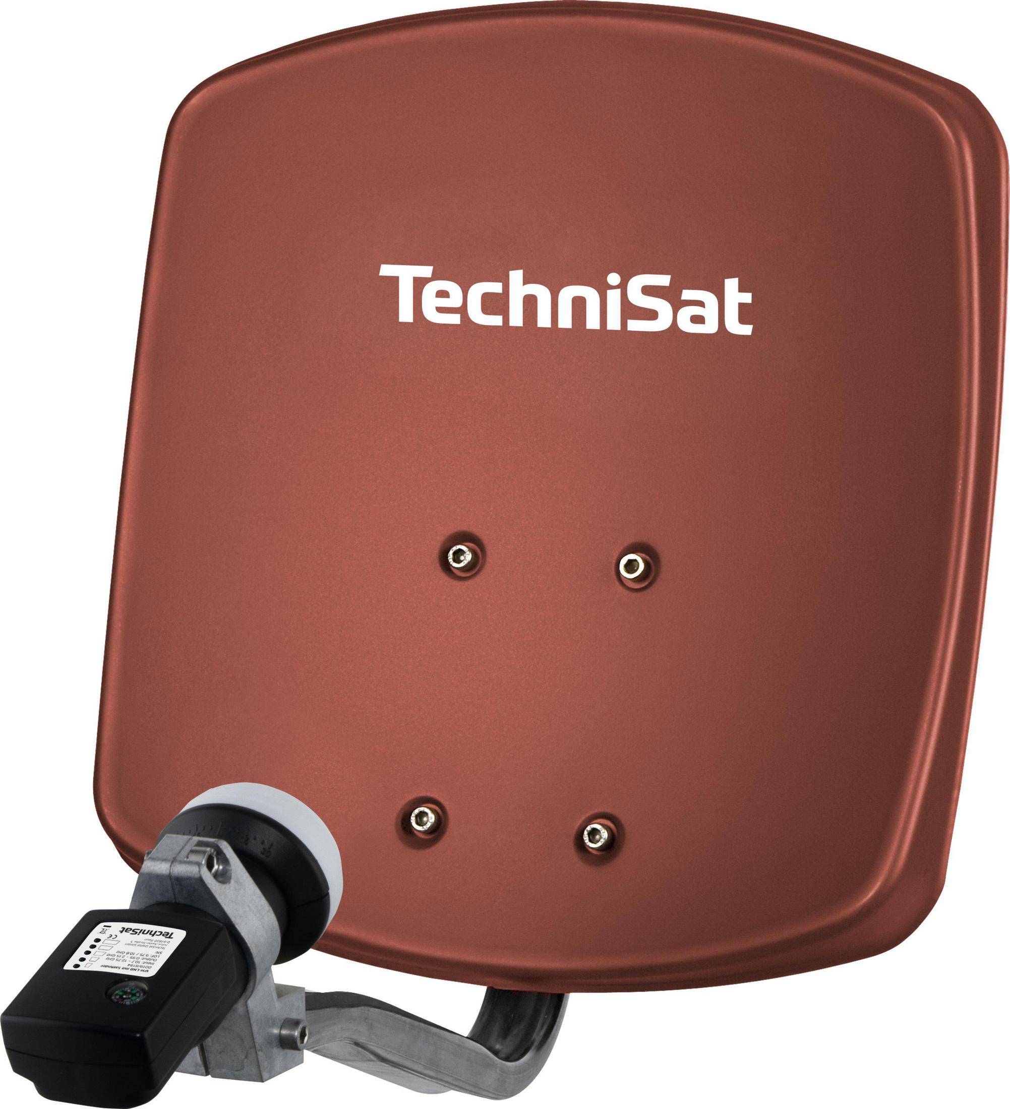Braune Satellitenschüssel mit TechniSat-Logo und einem LNB, zum Betrachter geneigt.