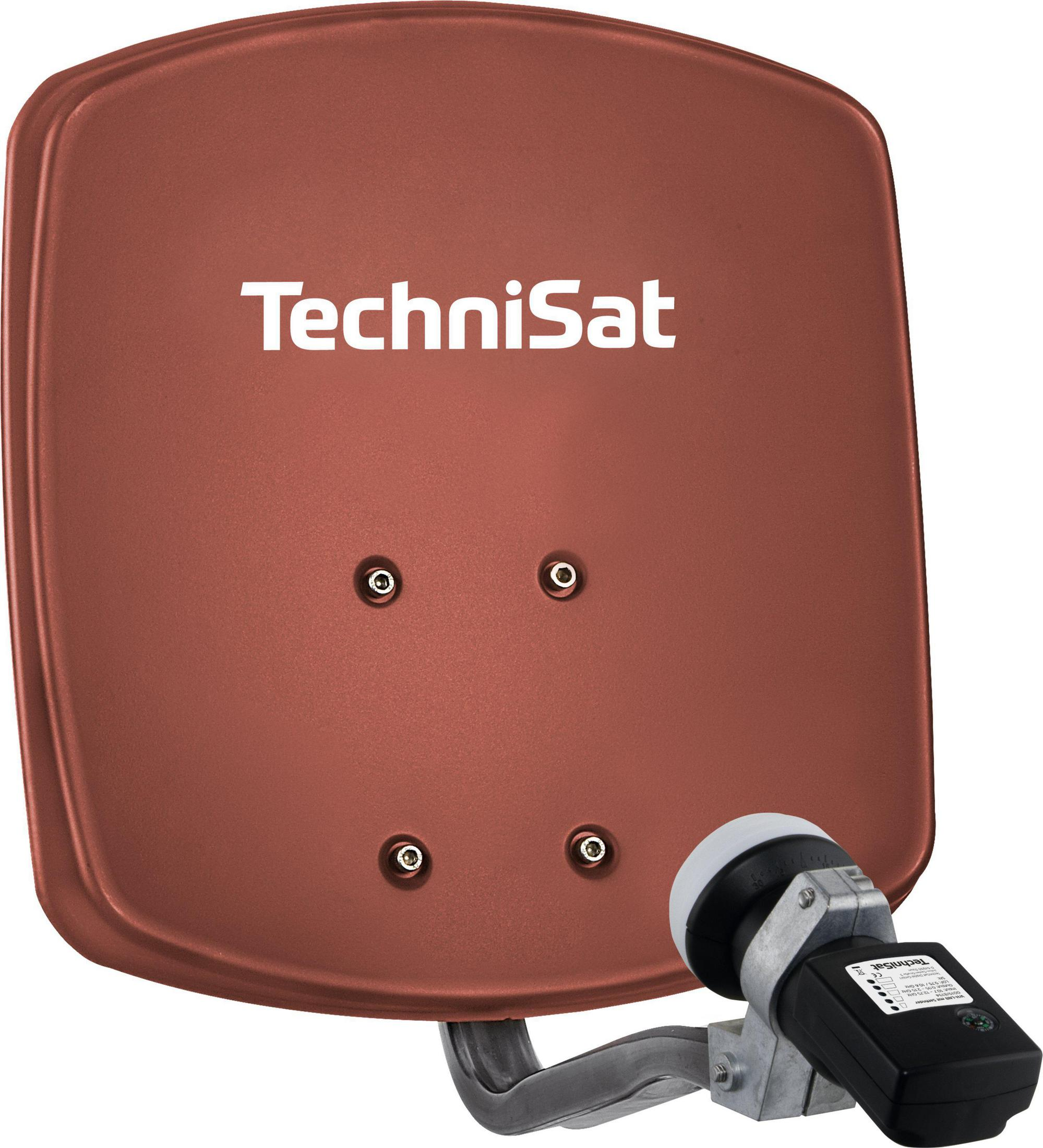 Satellitenschüssel mit 'TechniSat'-Logo und LNB auf weißem Hintergrund.