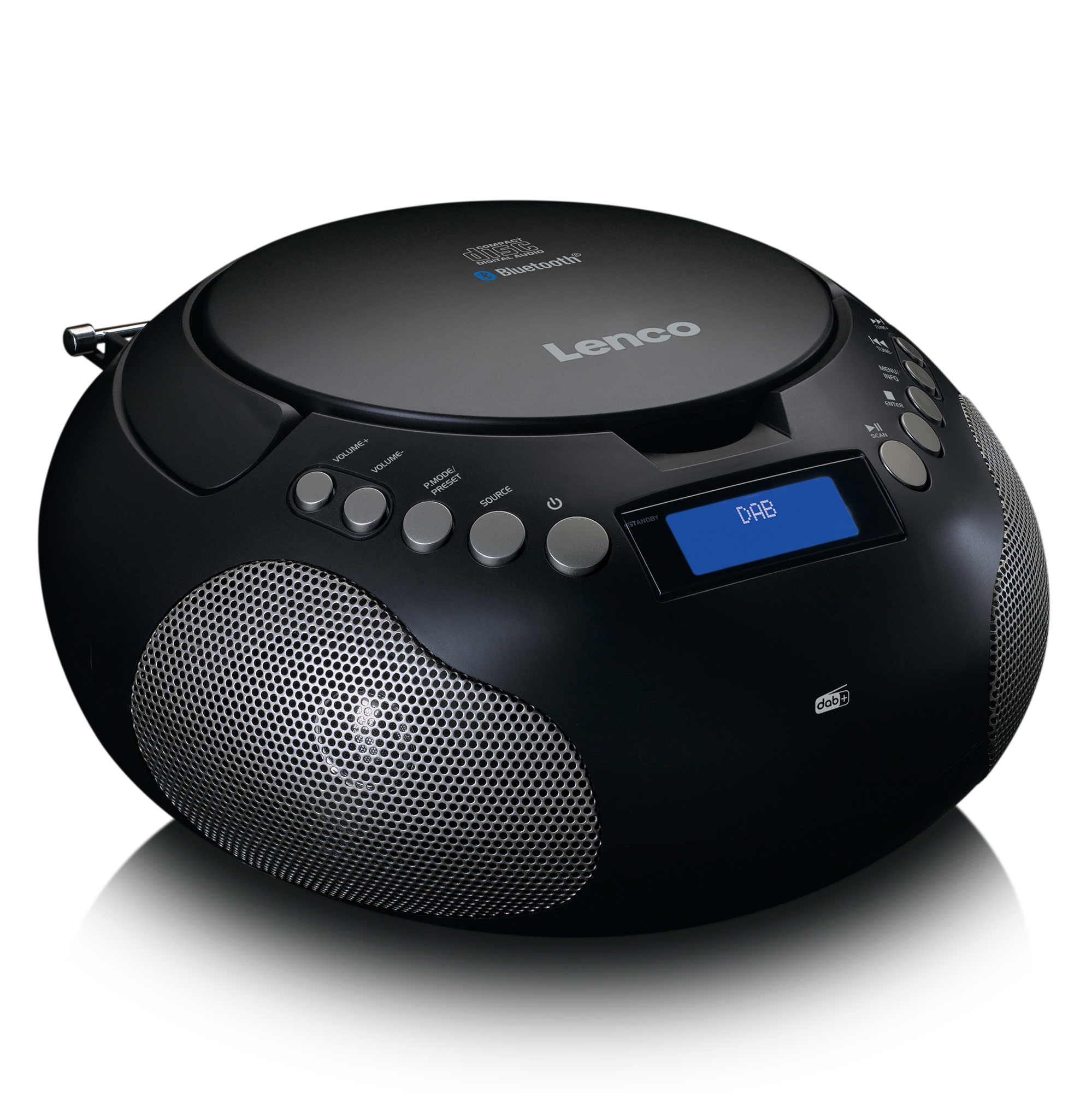 Lettore CD/radio nero, di forma ovale, con display e pulsanti.