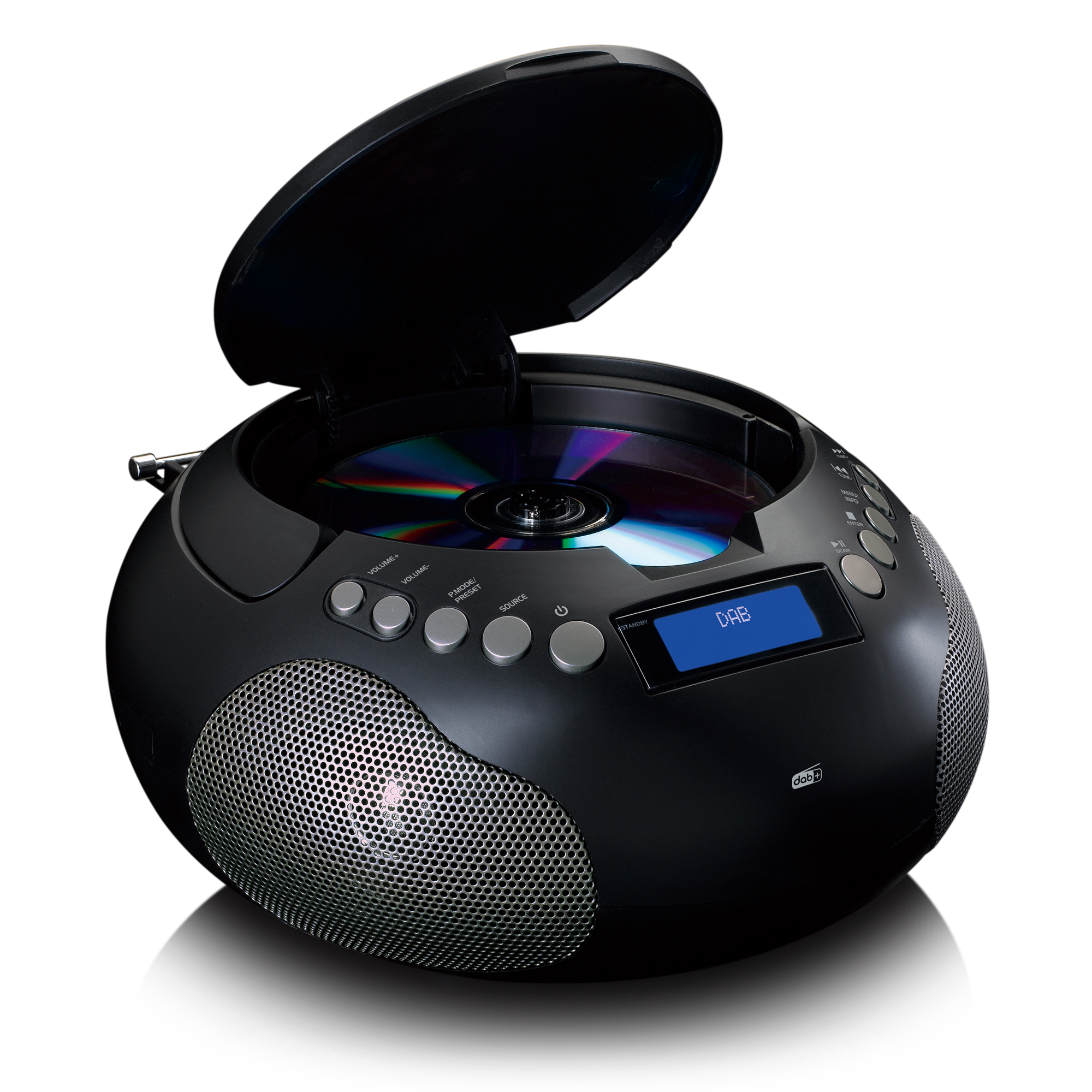 Lettore CD nero con coperchio aperto, che mostra un disco. Schermo e altoparlante sulla parte anteriore.