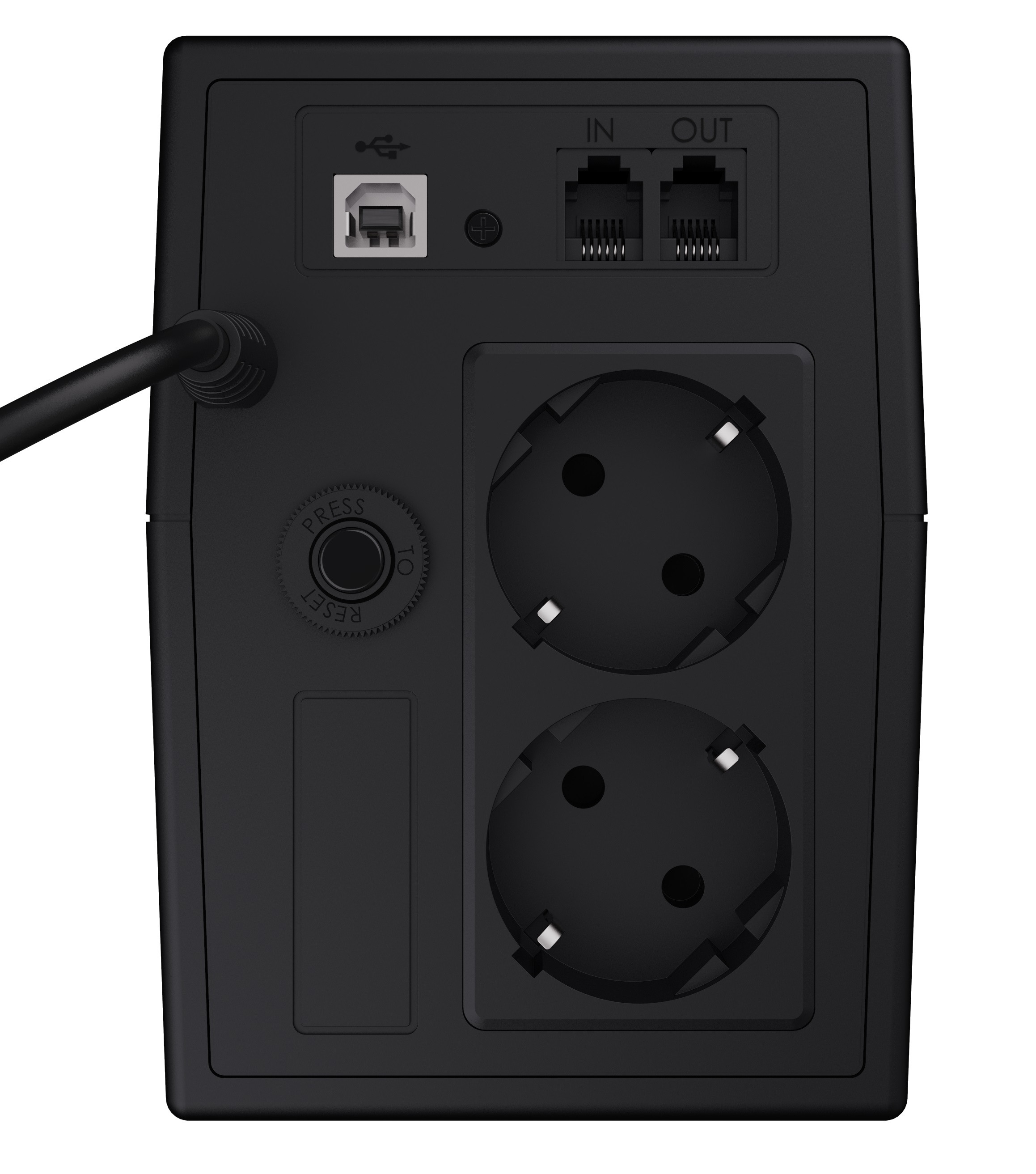 Tył czarnego UPS z portami. USB, WE, WY i przycisk resetowania.