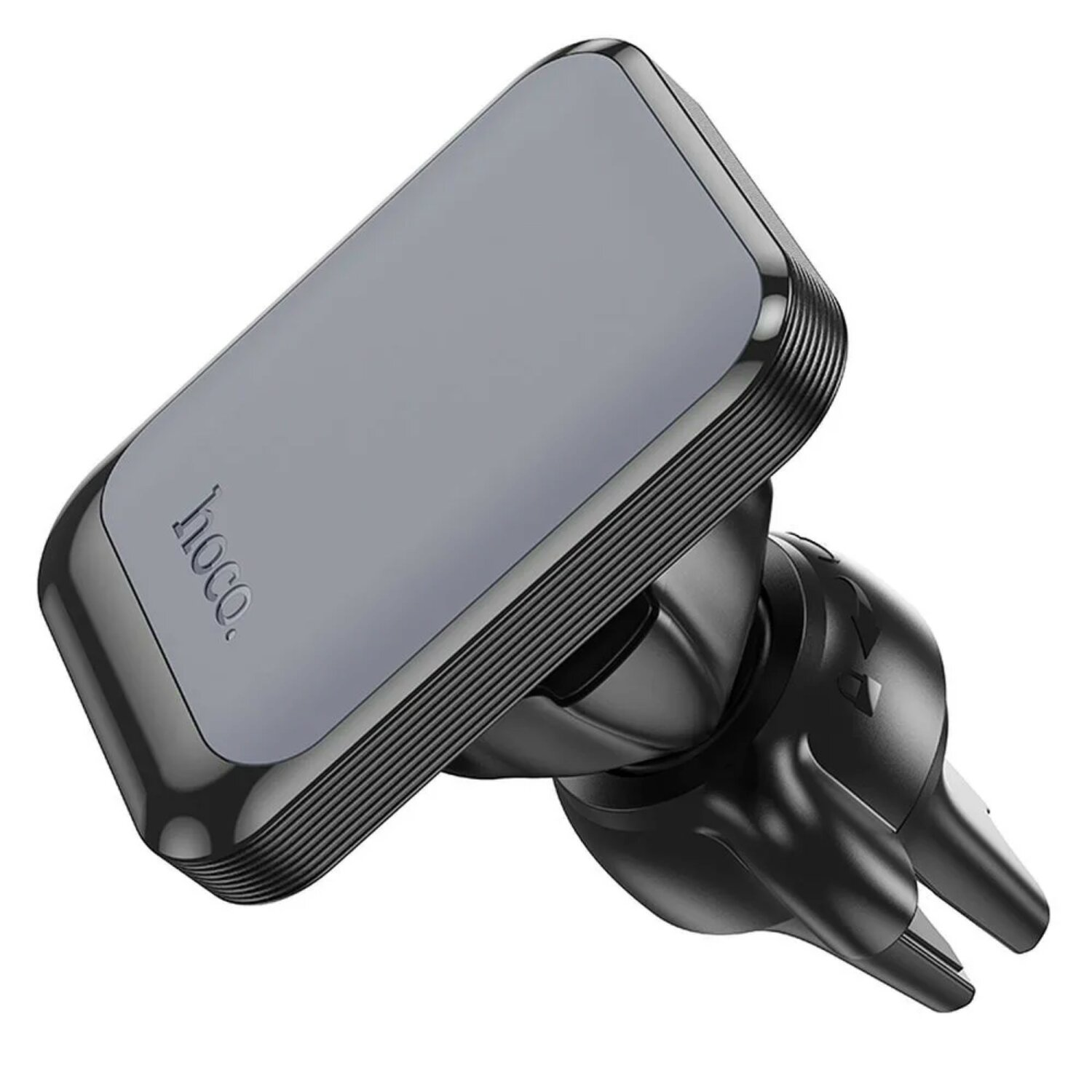 Schwarzer und grauer Autotelefonhalter. Er hat eine magnetische Oberfläche und einen Lüftungsclip.