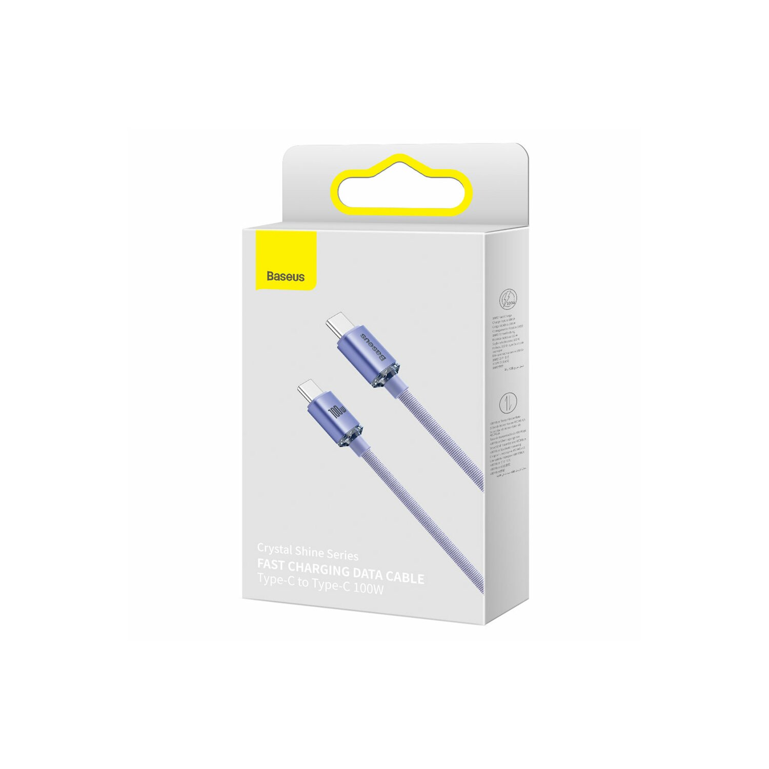 Opakowanie kabla ładującego Baseus, białe pudełko z obrazami kabla, niebieski kabel w środku.