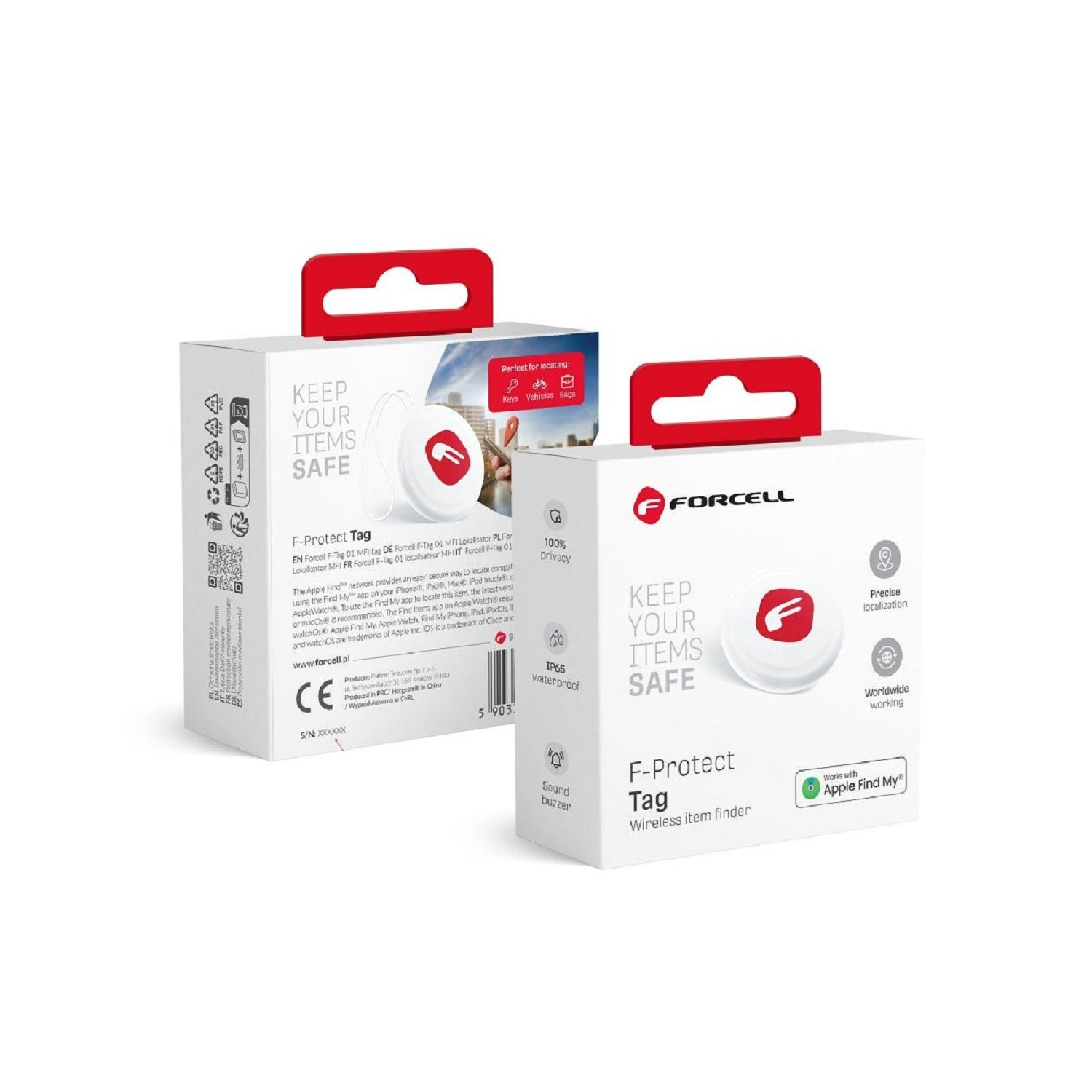 Zwei weiße Schachteln mit F-Protect Tag. Eine ist offen. Beide stehen auf weißer Oberfläche. Die Schachteln haben einen roten Griff.
