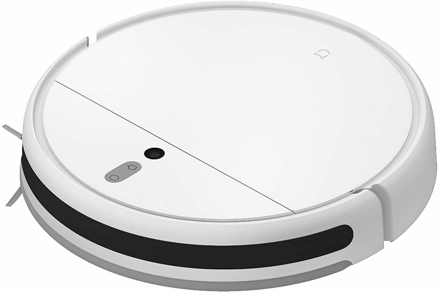 Aspiradora robot redonda blanca con una franja negra.