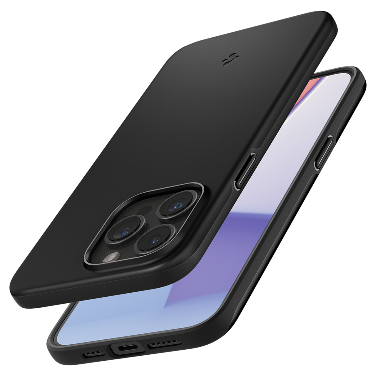 Zwarte telefoonhoes met een telefoon die zijn scherm toont.