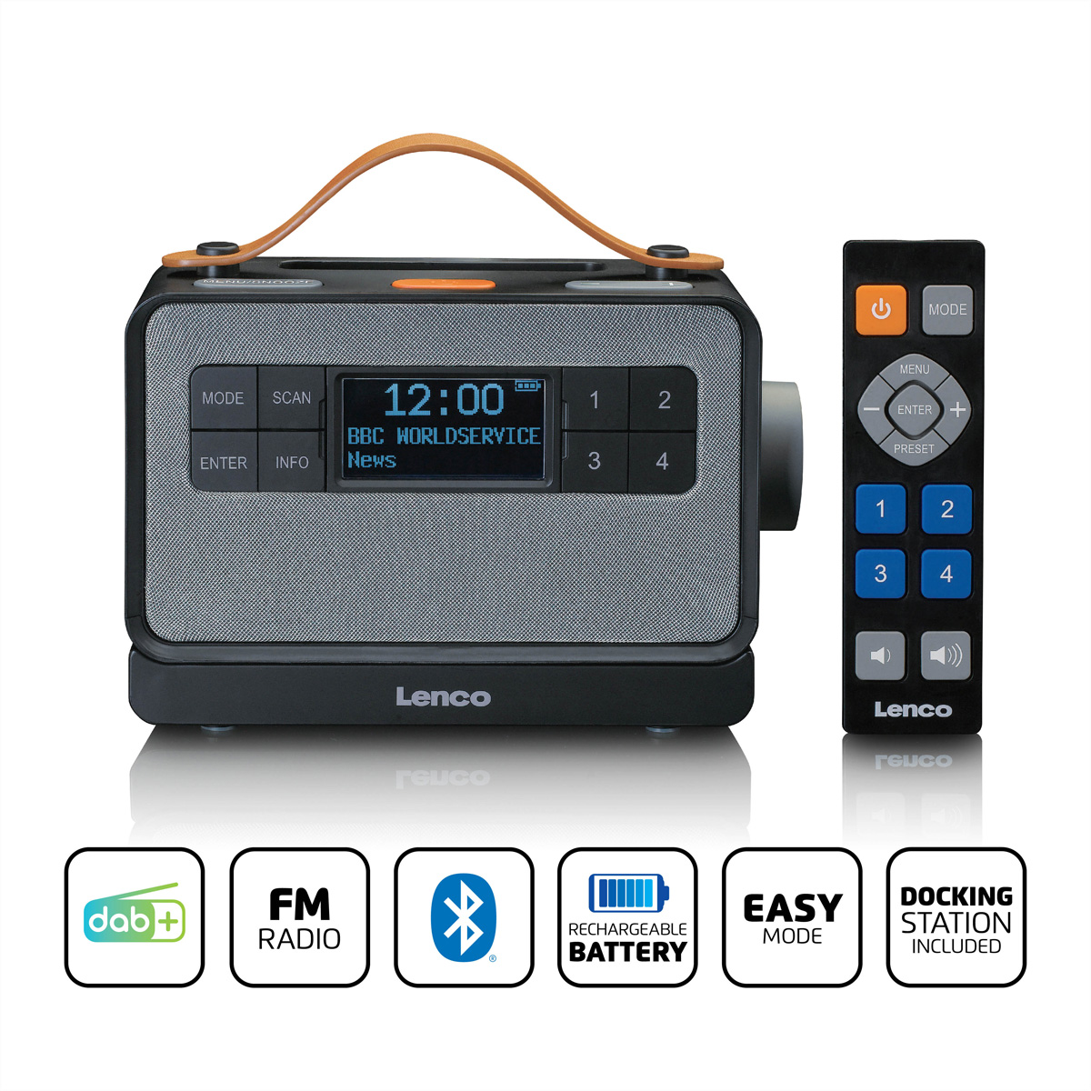 Radio Lenco z ekranem, przyciskami i pilotem, plus logo Bluetooth i FM.