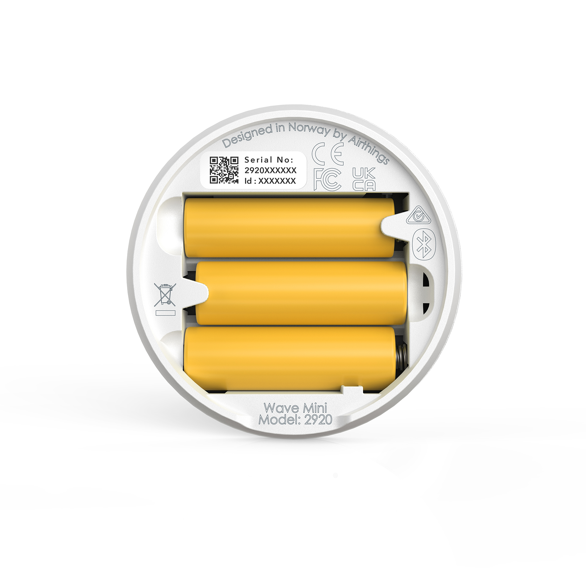 Weißes kreisförmiges Gerät mit gelben Batterien im Inneren und Etiketten. Das Gerät hat eine Seriennummer und Modelldetails.