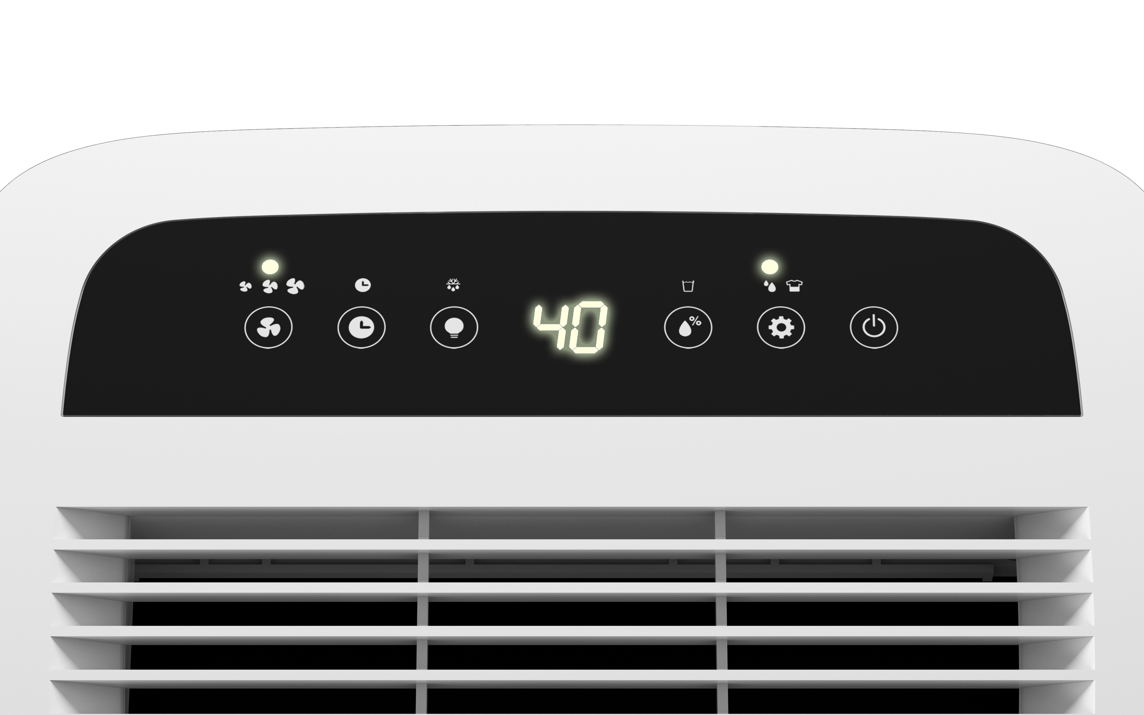 Biały panel sterowania z wyświetlaczem cyfrowym pokazującym "40" i ikonami wentylatora, timera, wilgotności i zasilania.