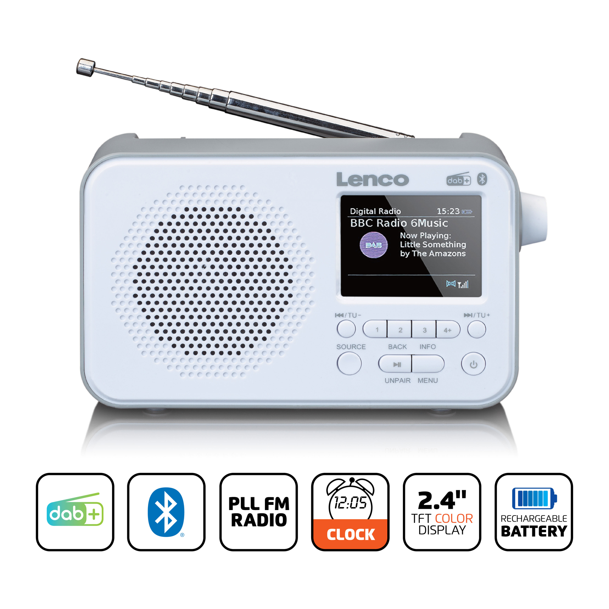 Weißes Lenco-Radio mit Bildschirm, der Radioinfos zeigt, DAB+-Logo, ausgefahrene Antenne und Funktionssymbole.