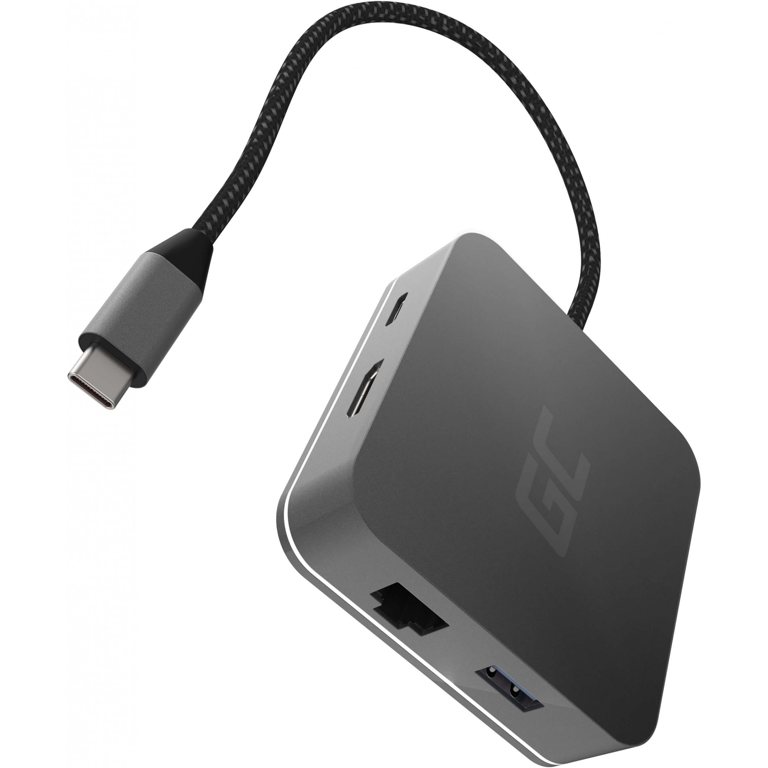 Hub USB-C con più porte. Argento e nero, cavo collegato a sinistra.