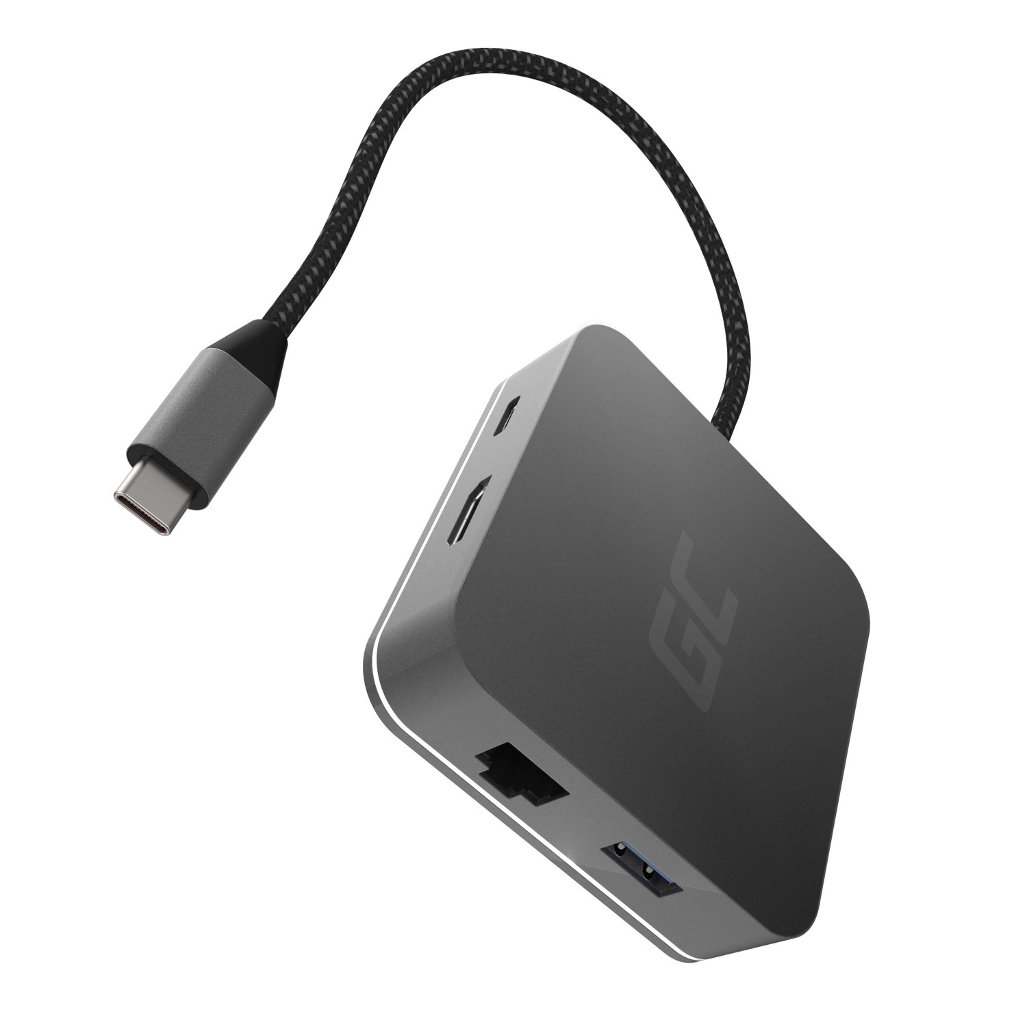 Hub USB-C con più porte. Argento e nero, cavo collegato a sinistra.