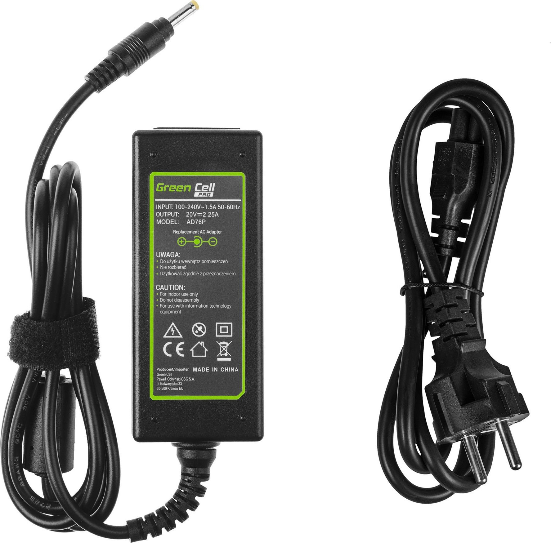 Cargador de portátil y cable de alimentación. Marca Green Cell Pro. Blanco.
