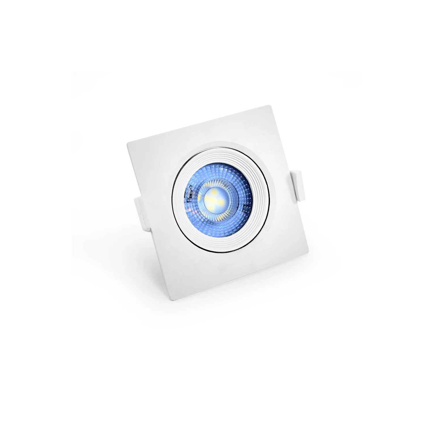 Weiße quadratische LED-Leuchte mit blauem Zentrum.