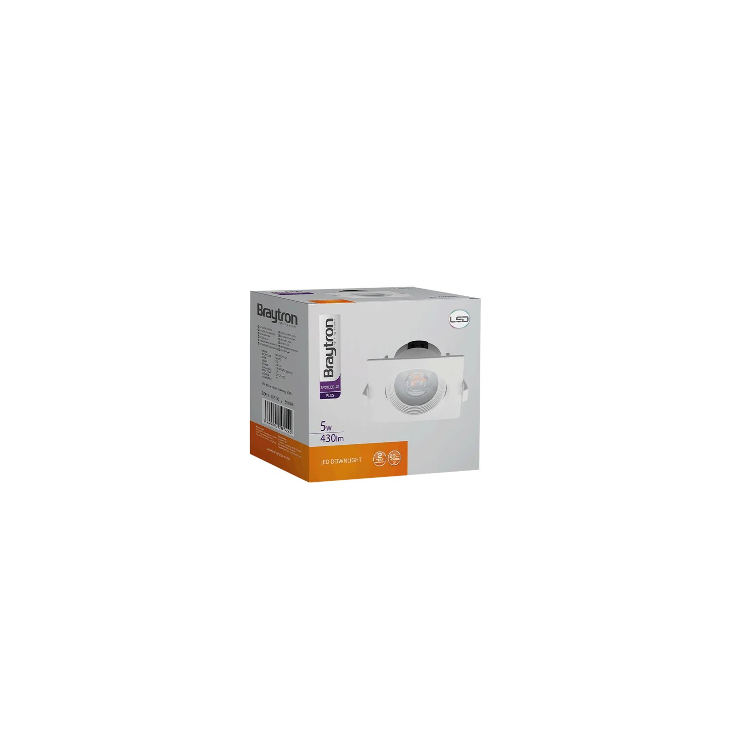 Weiße LED-Downlight-Box mit Text und Produktdetails.