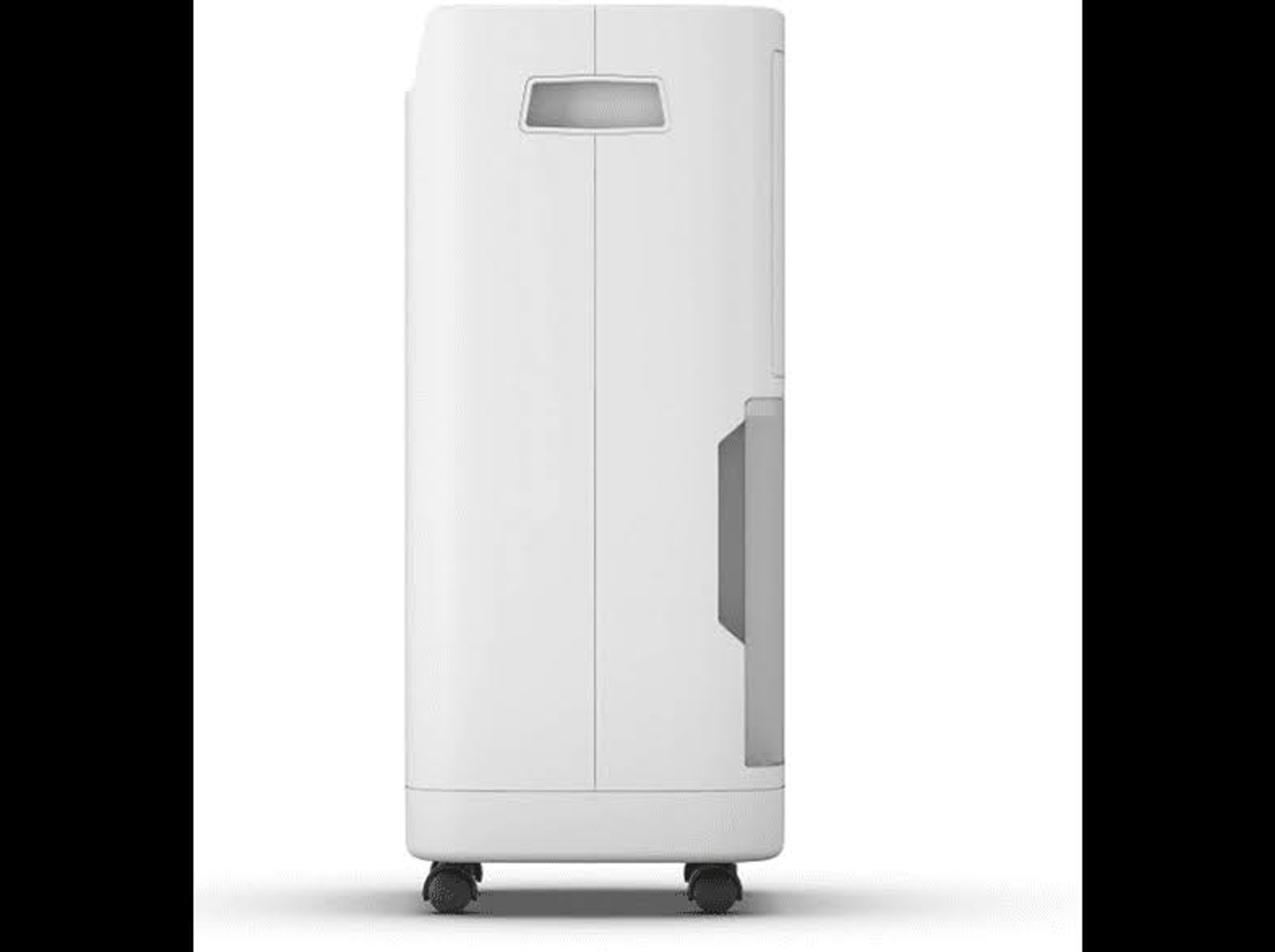 Biały oczyszczacz powietrza o prostokątnym kształcie, z kółkami. Widok z boku, czarne tło.