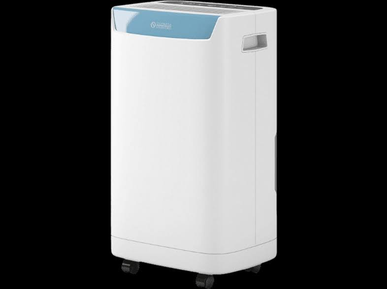 Biały osuszacz powietrza z niebieskim blatem i czarnymi kółkami.