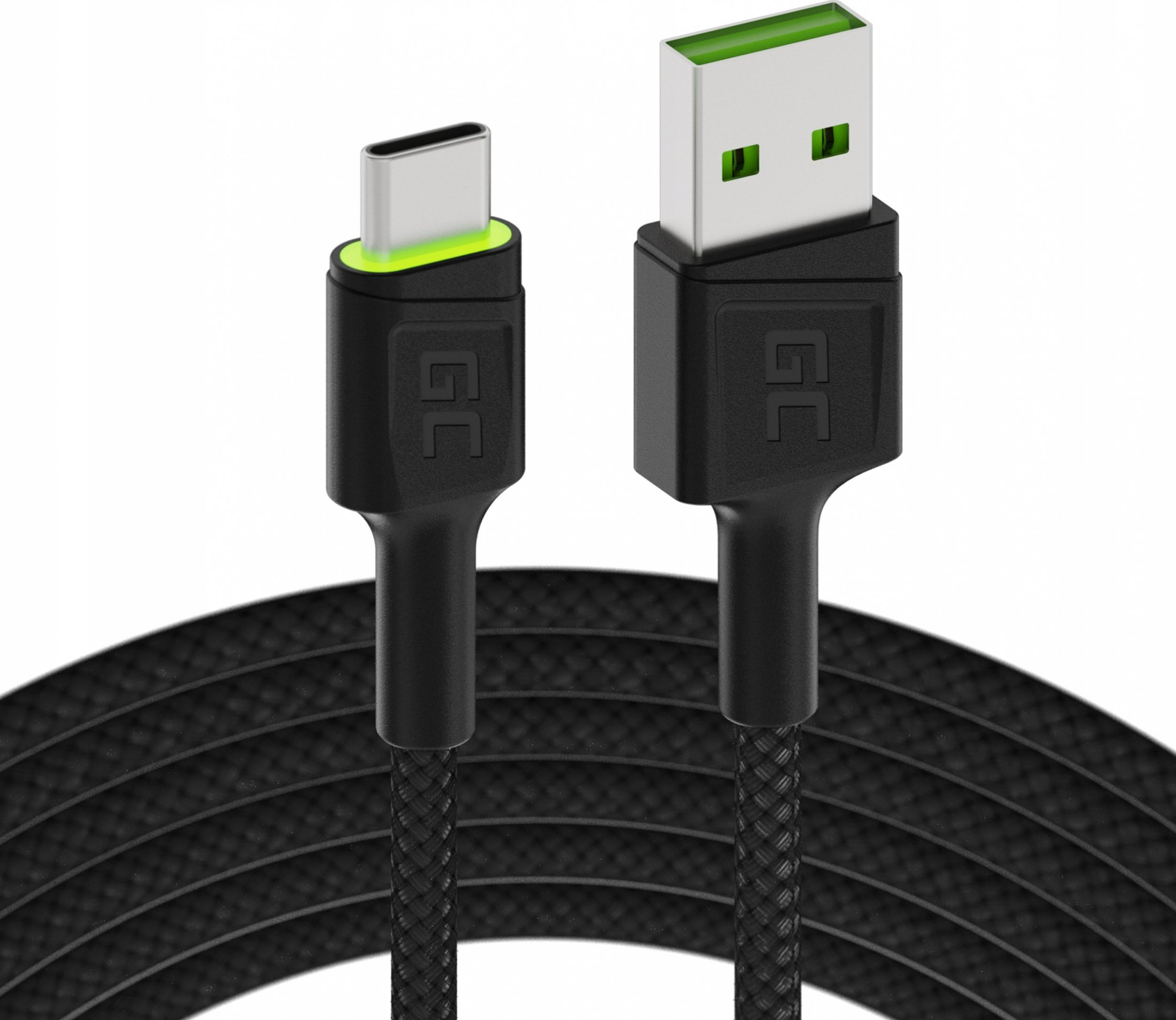 Cavo USB intrecciato nero con connettore USB-C e USB-A. Cavo nero, sfondo bianco.