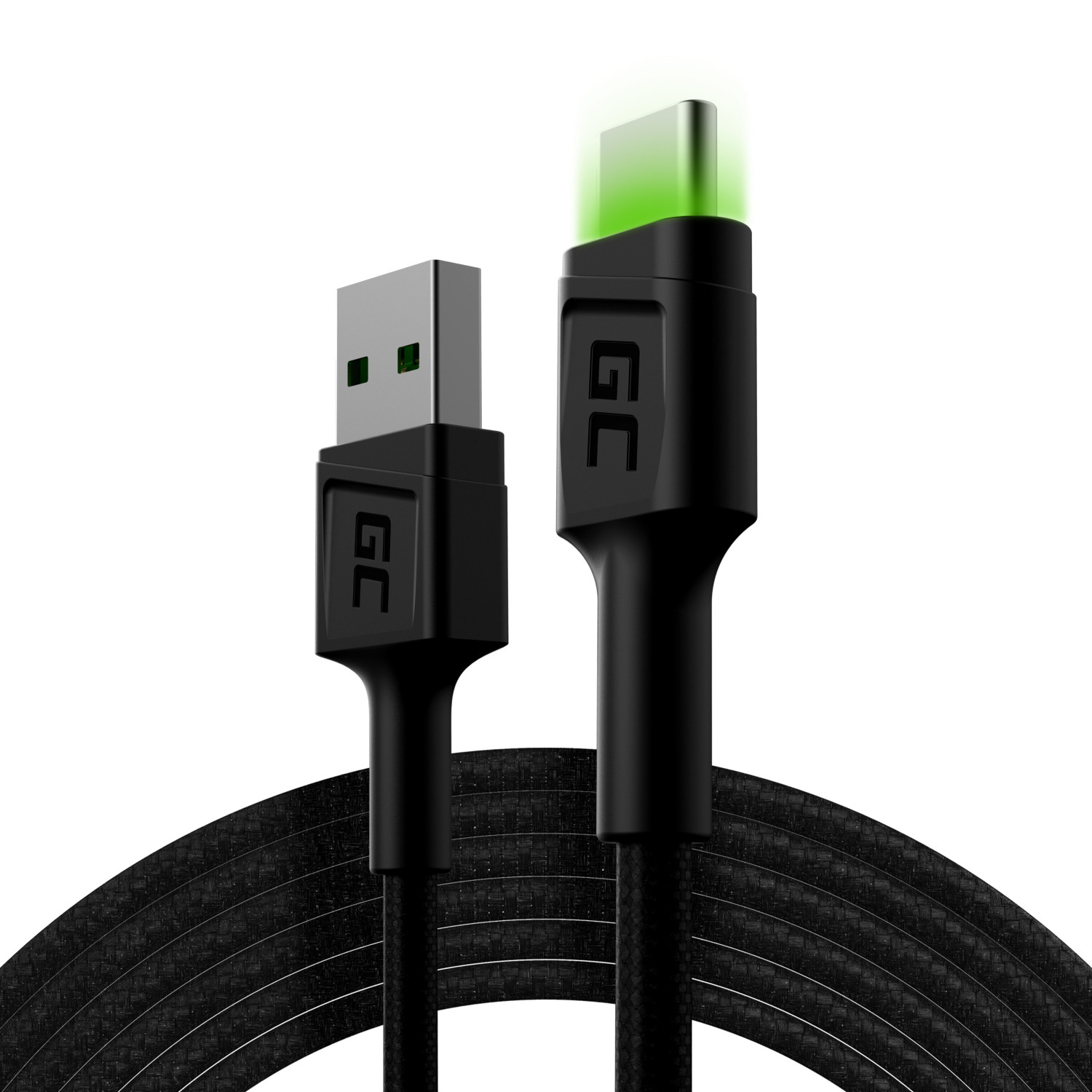 Cavo USB nero e grigio con luce verde a un'estremità, su sfondo bianco.