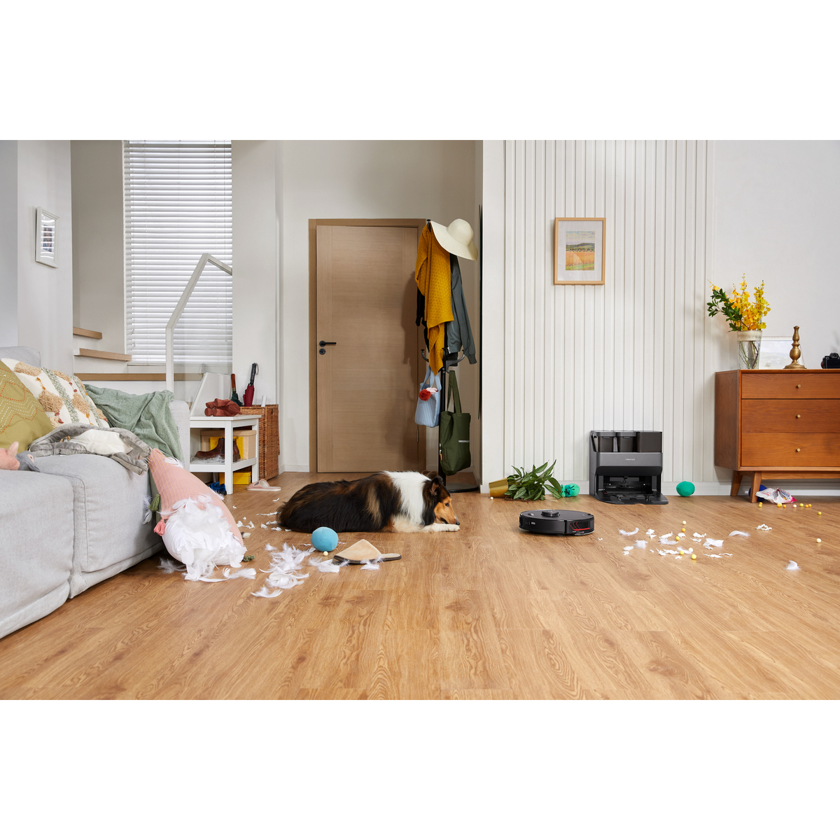 Ein unordentliches Wohnzimmer. Ein Hund liegt. Ein Roboterstaubsauger reinigt den Boden.