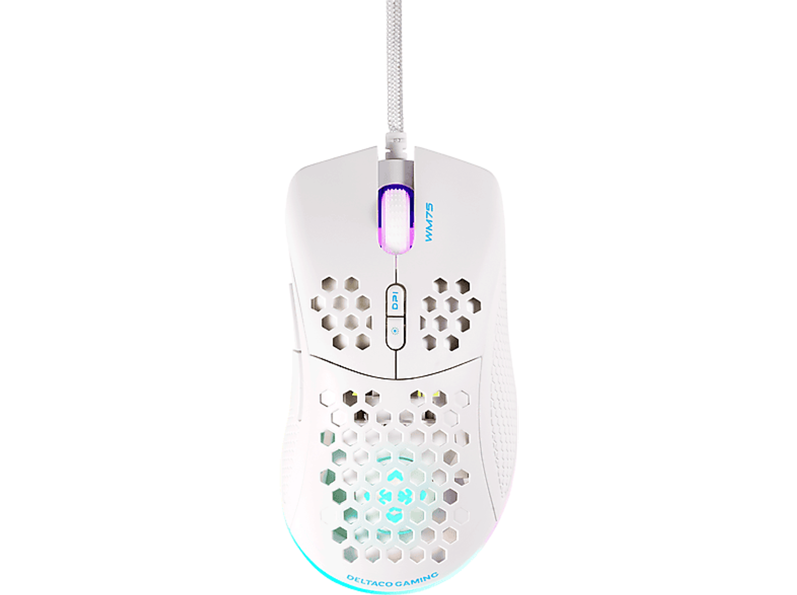 Weiße Gaming-Maus mit Wabenmuster, RGB-Beleuchtung und WM75-Text.