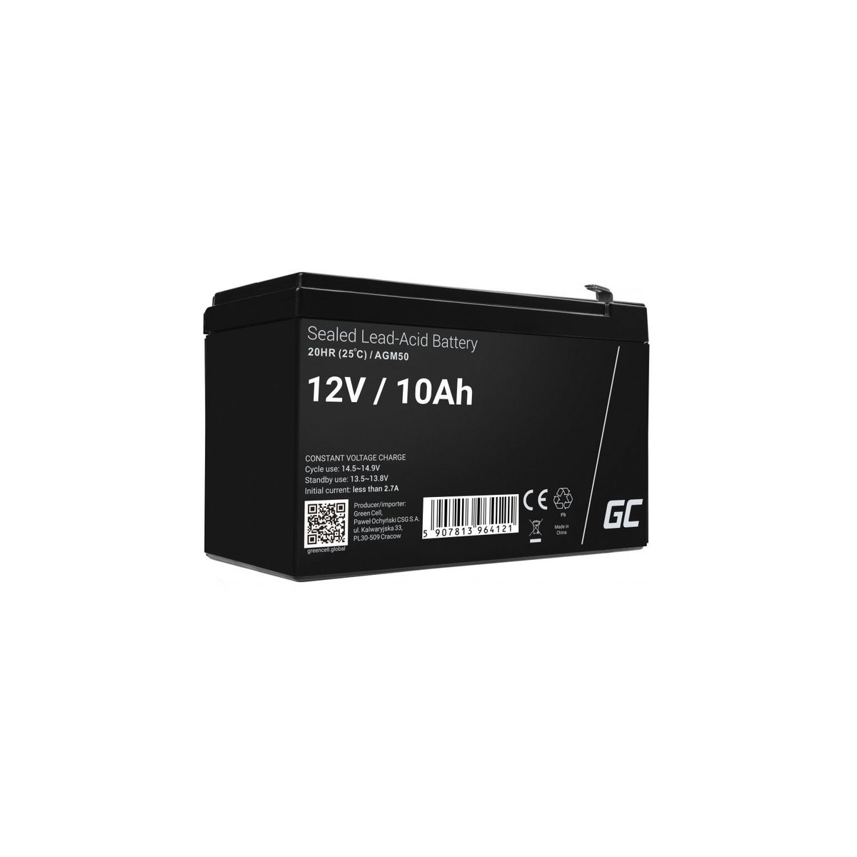 Batería de plomo-ácido sellada negra de 12V/10Ah. Texto y códigos QR en la etiqueta. Fondo blanco.