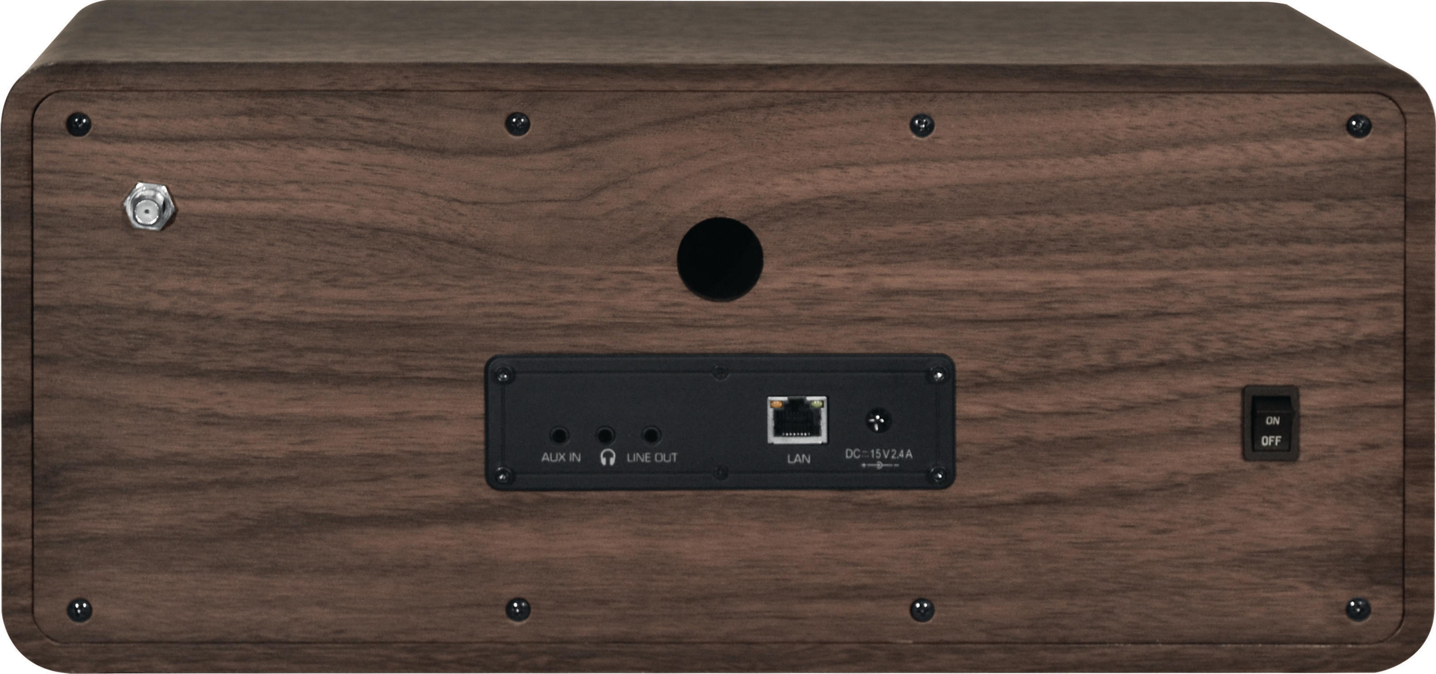 Tył brązowego głośnika drewnianego z portami i przełącznikiem zasilania.