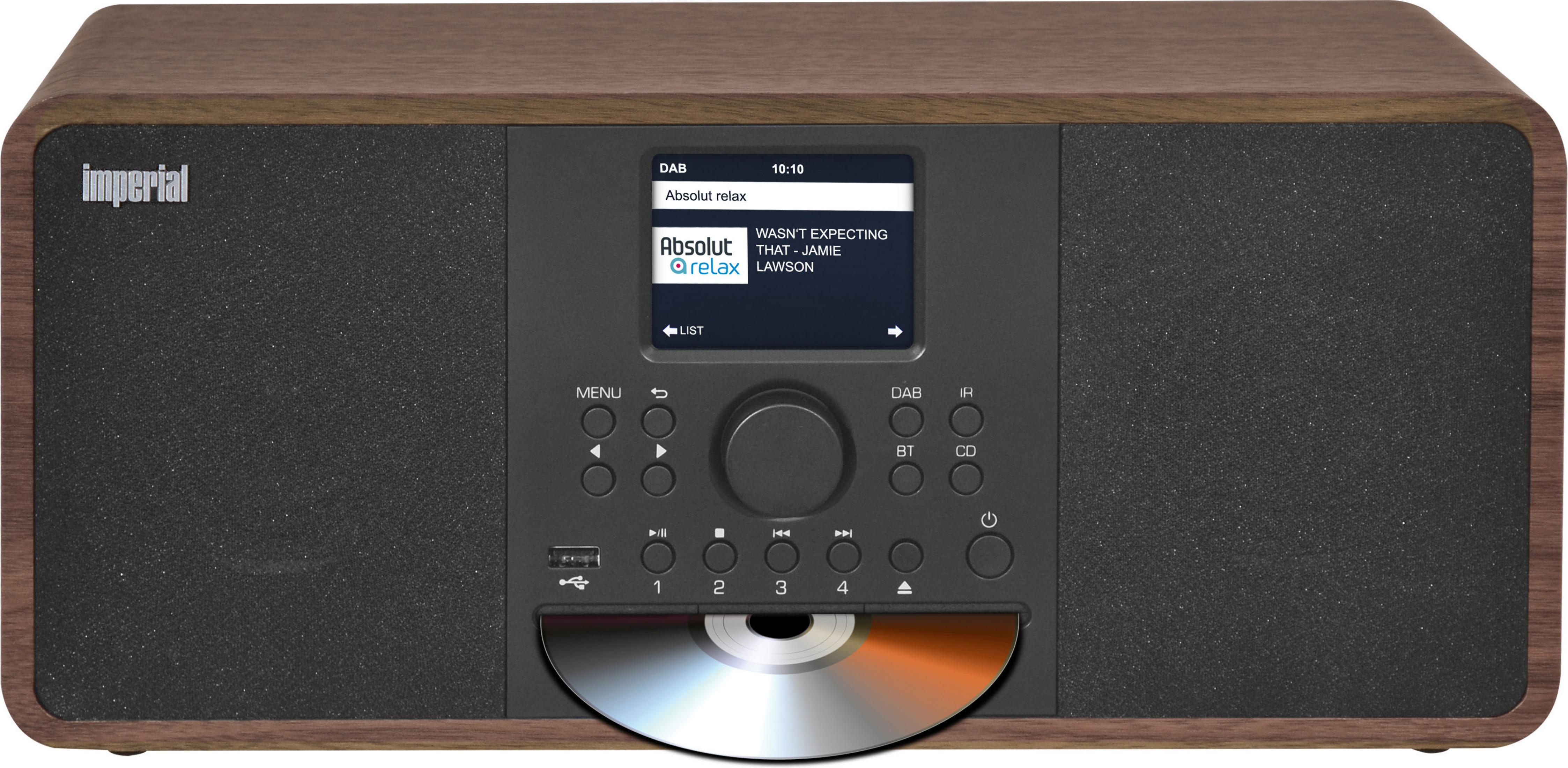 Brązowo-czarne radio Imperial z odtwarzaczem CD i ekranem wyświetlającym informacje radiowe.