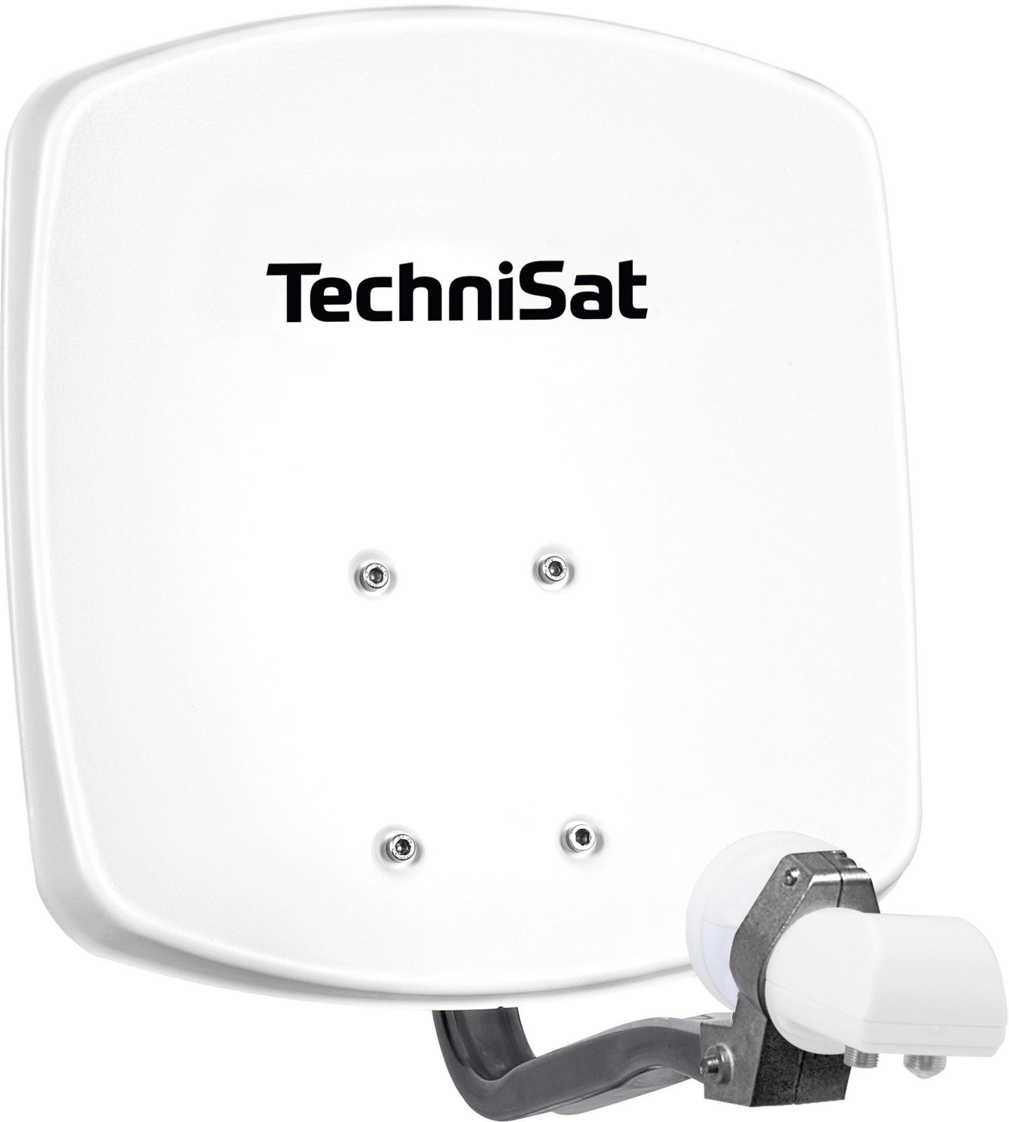 Weiße Satellitenschüssel mit dem Text 'TechniSat'. Die Schüssel hat einen schwarzen Arm und vier Schrauben.